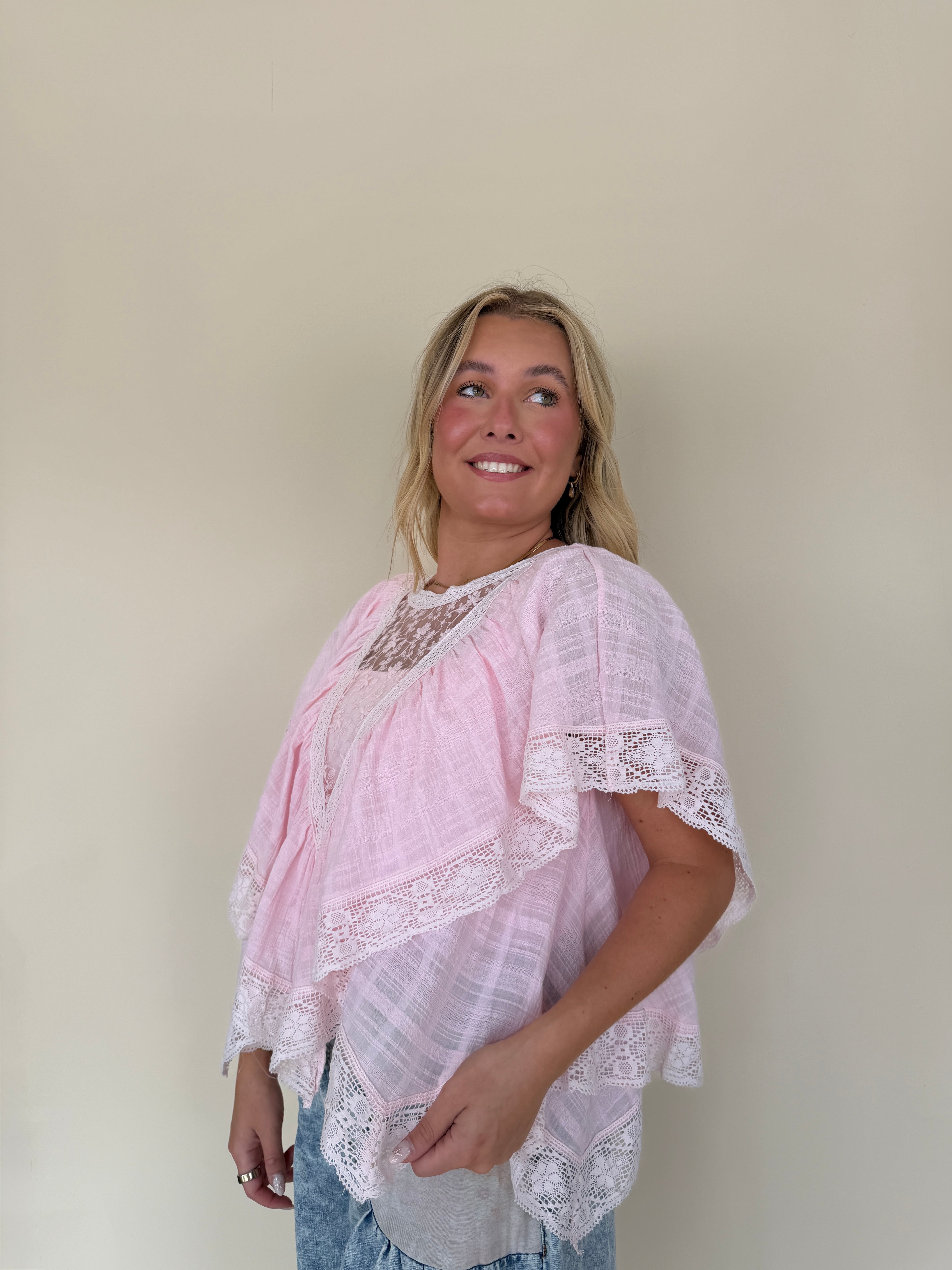 Lace V Ruffle Short Sleeve Top