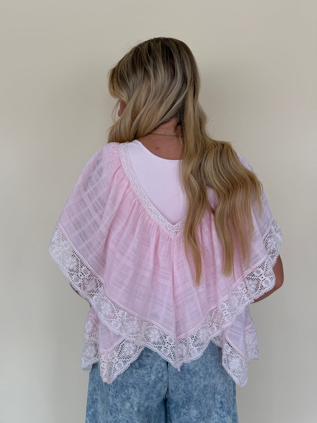 Lace V Ruffle Short Sleeve Top