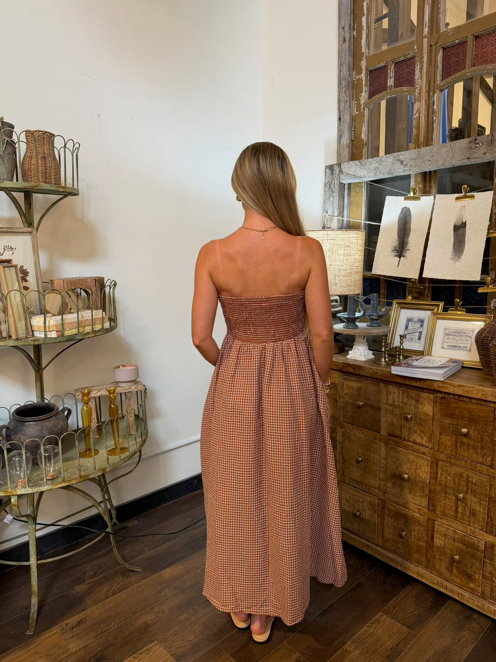 Strapless Smocked Gingham Maxi Dress