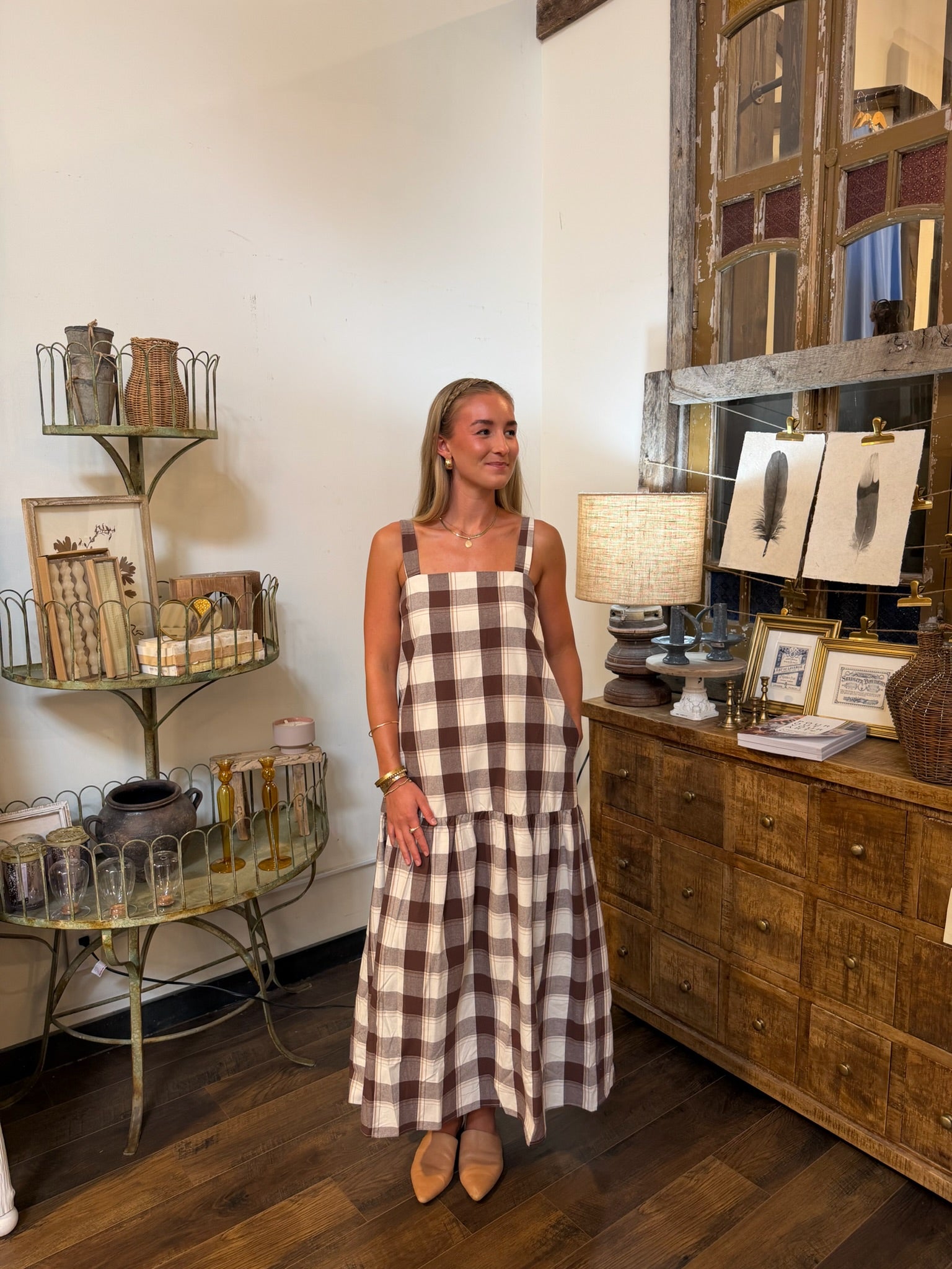 Plaid Woven Tiered Midi Dress