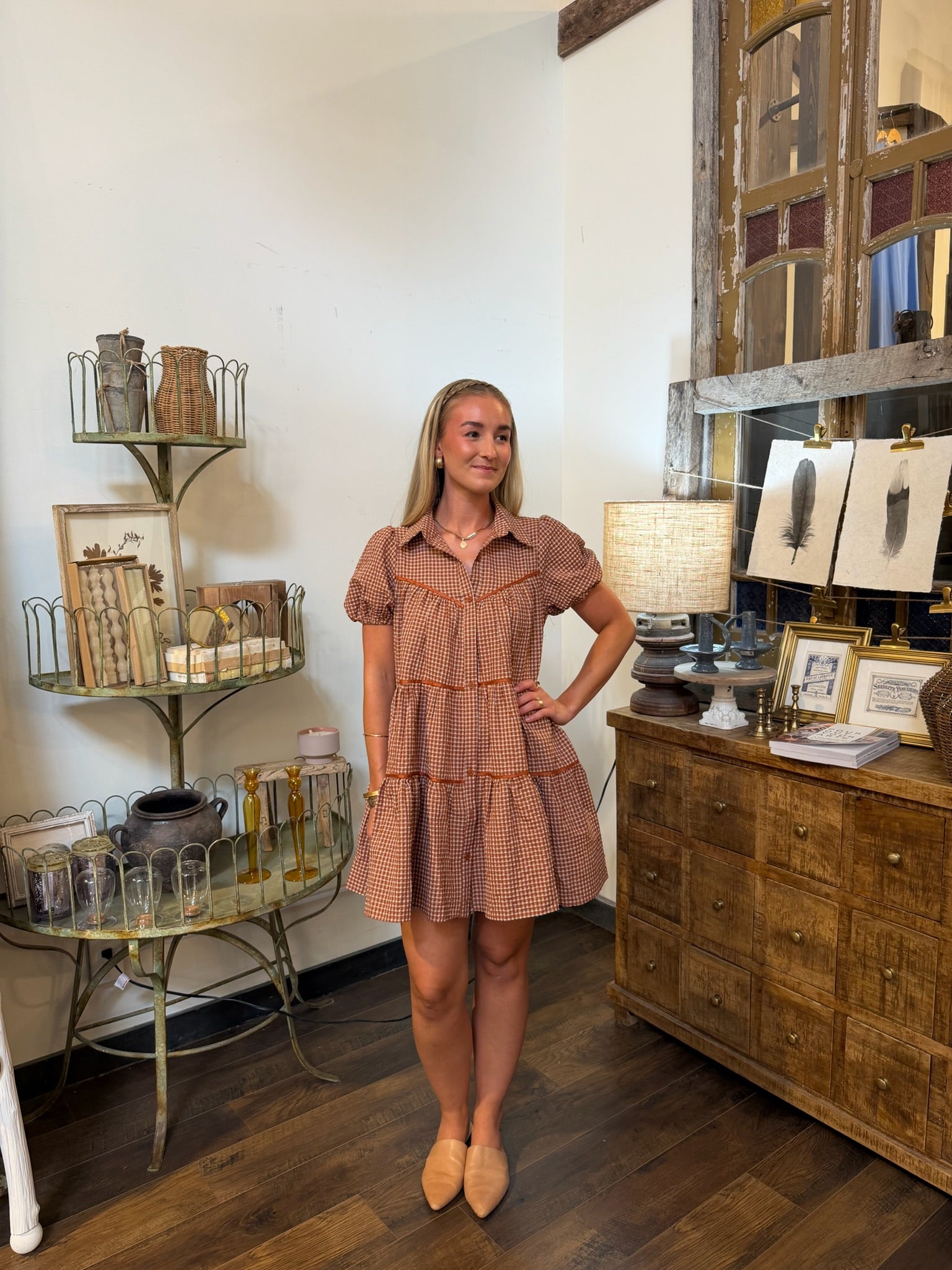 Brown Gingham Tiered Mini Dress