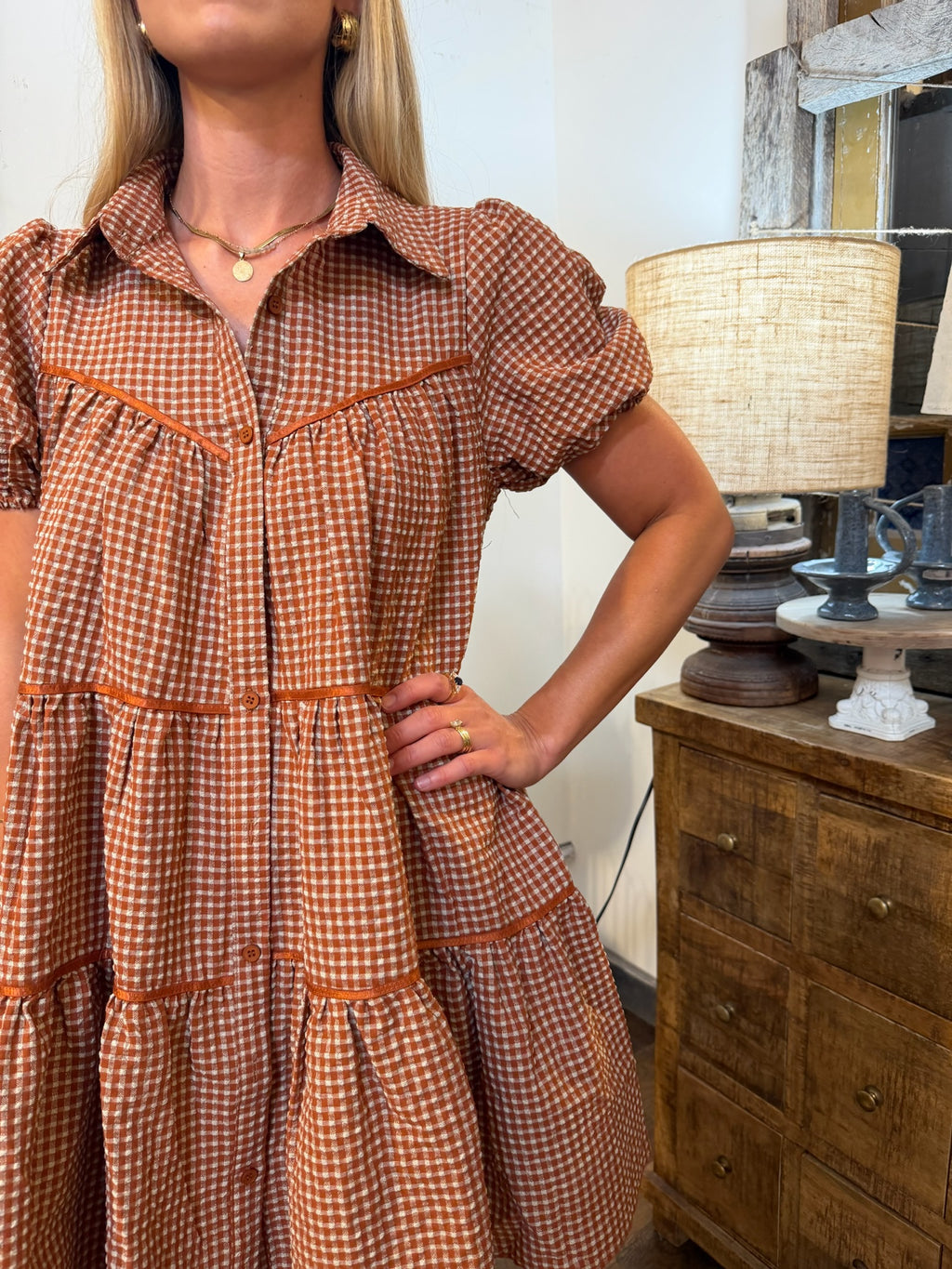 Brown Gingham Tiered Mini Dress