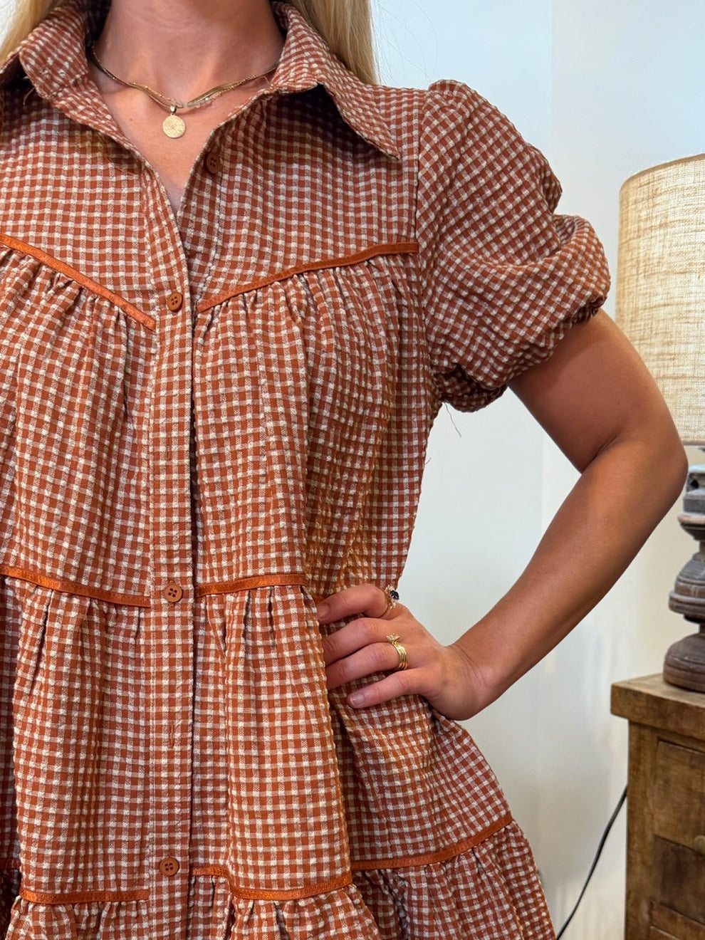 Brown Gingham Tiered Mini Dress