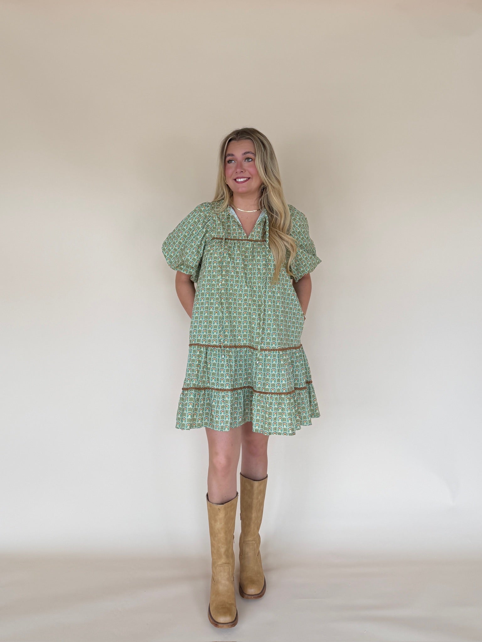 Green Geo Print Tiered Mini Dress