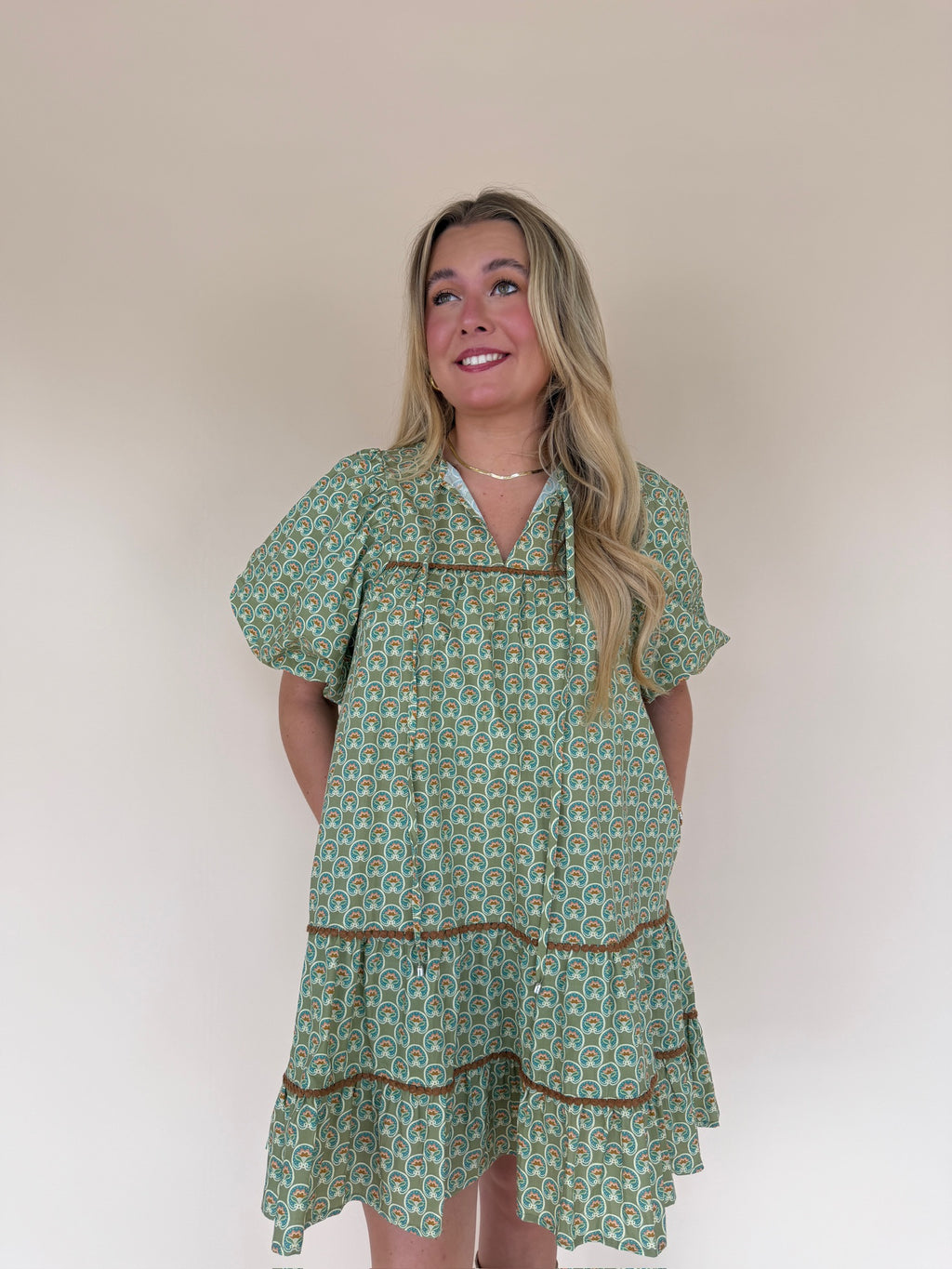 Green Geo Print Tiered Mini Dress