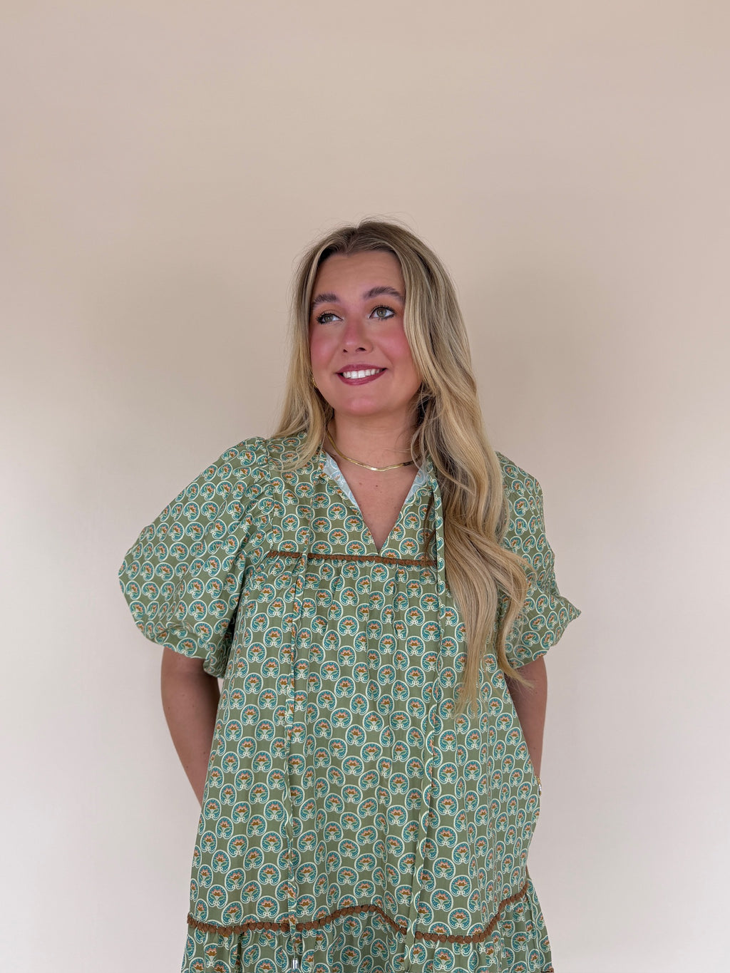 Green Geo Print Tiered Mini Dress