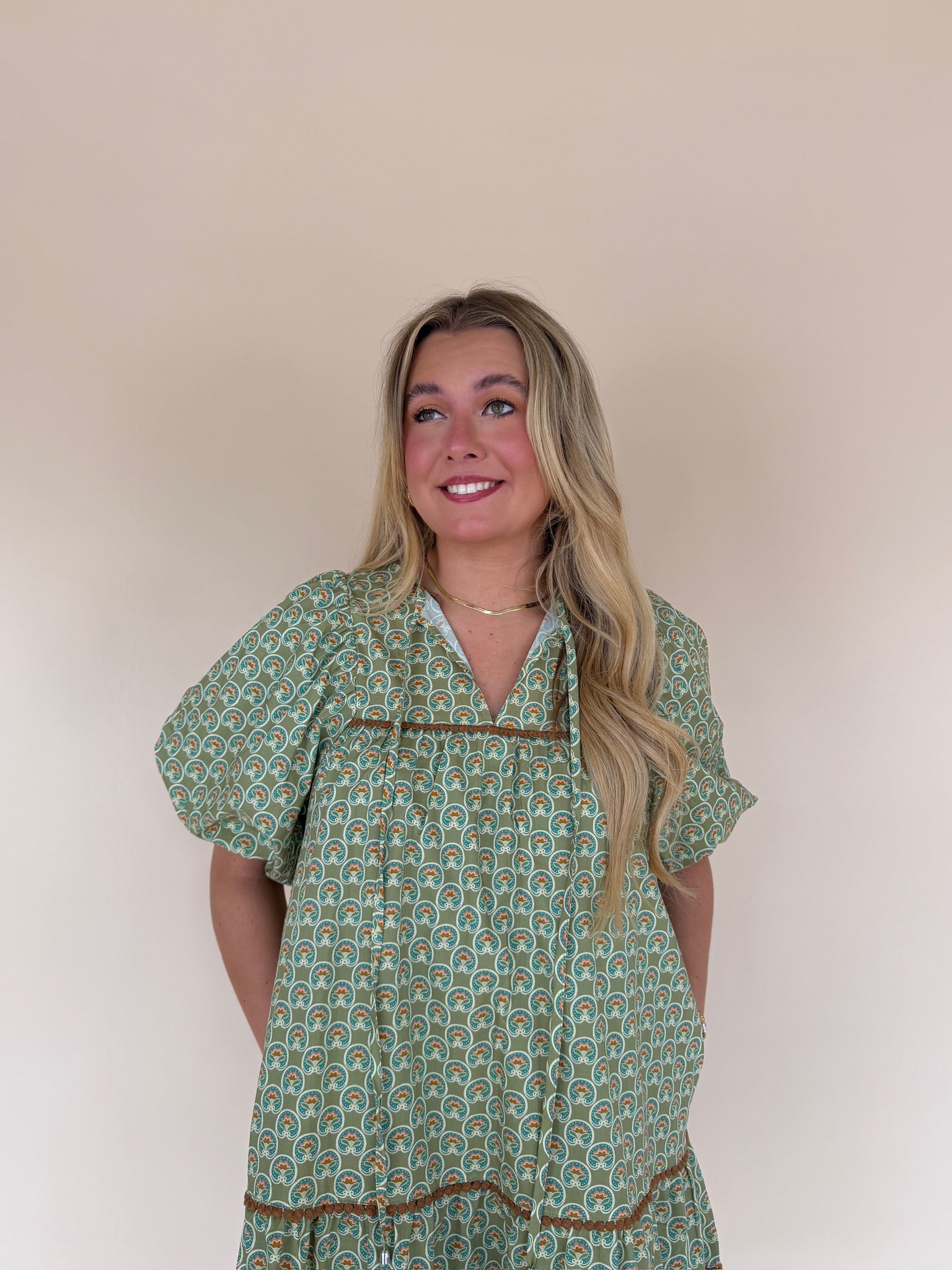 Green Geo Print Tiered Mini Dress