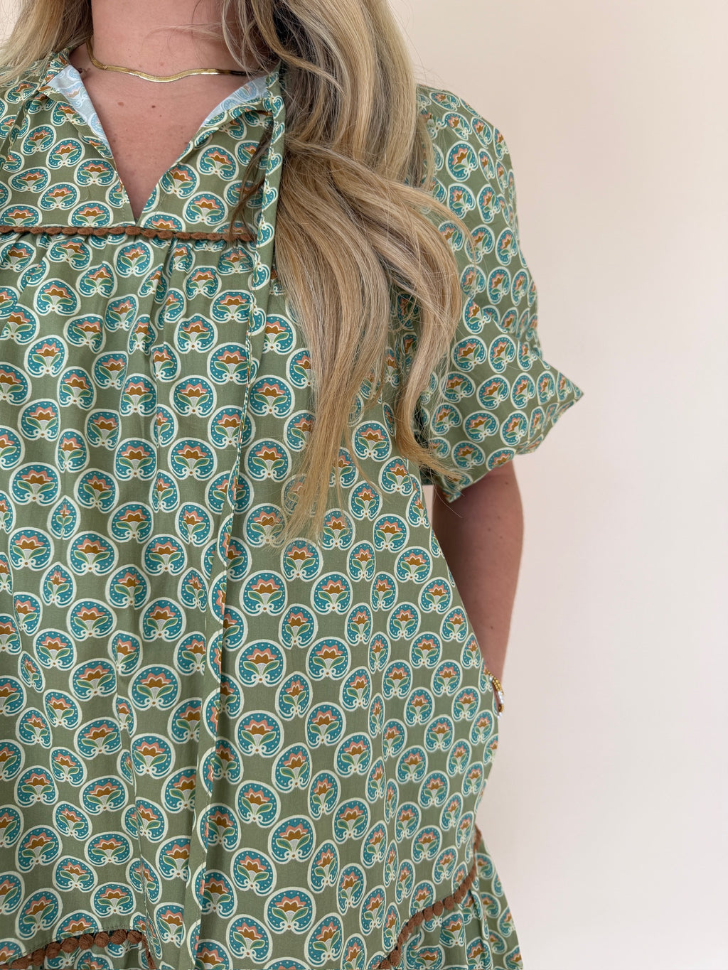 Green Geo Print Tiered Mini Dress