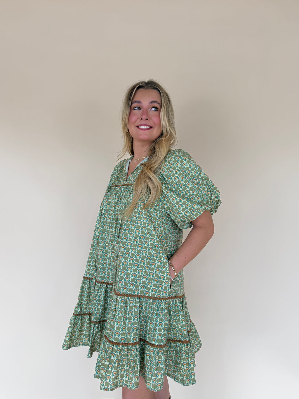 Green Geo Print Tiered Mini Dress