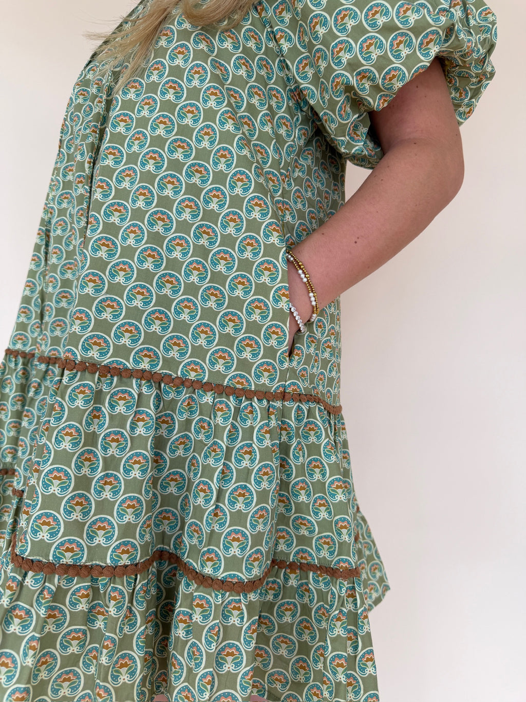 Green Geo Print Tiered Mini Dress
