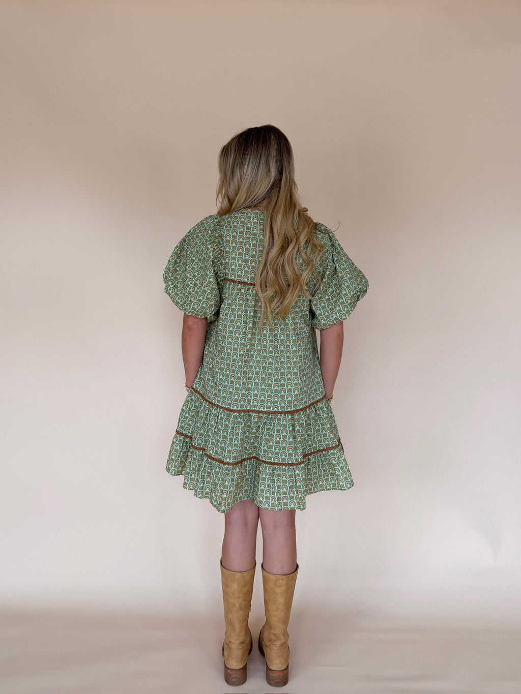Green Geo Print Tiered Mini Dress