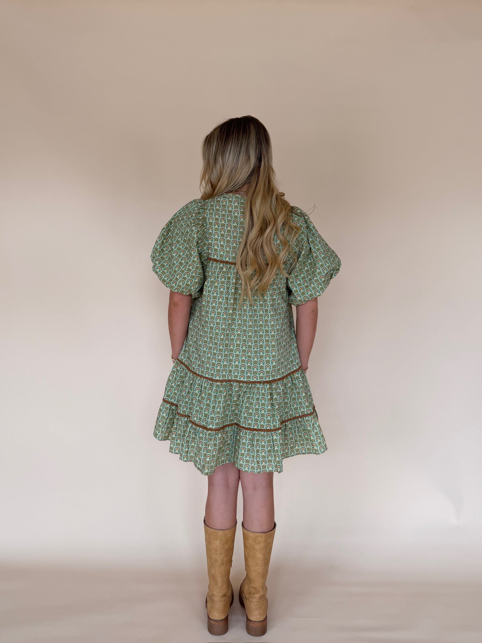 Green Geo Print Tiered Mini Dress