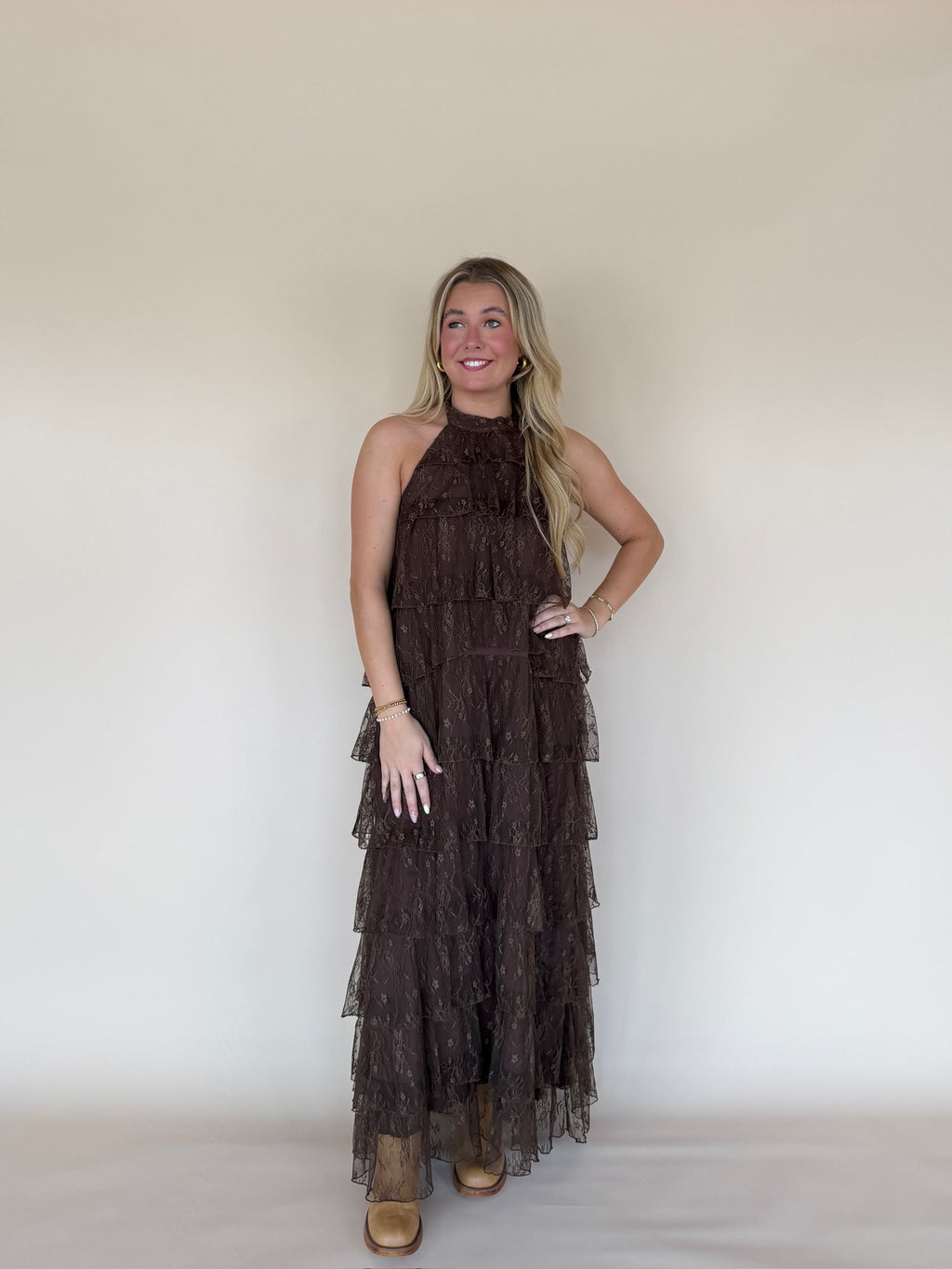 Lace Tiered Halter Maxi Dress