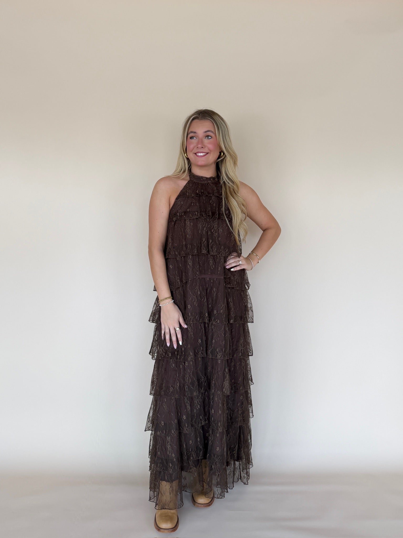 Lace Tiered Halter Maxi Dress