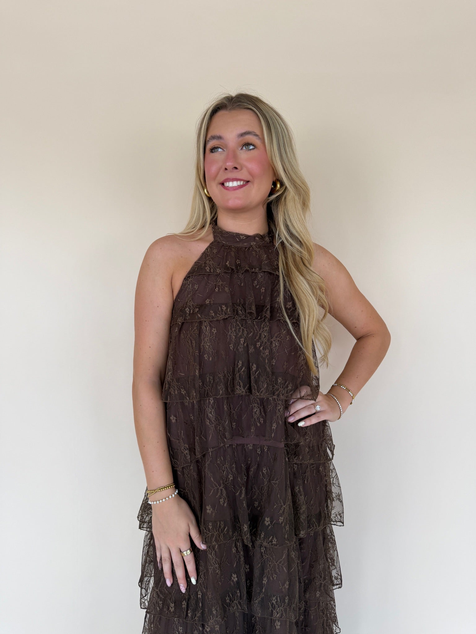 Lace Tiered Halter Maxi Dress