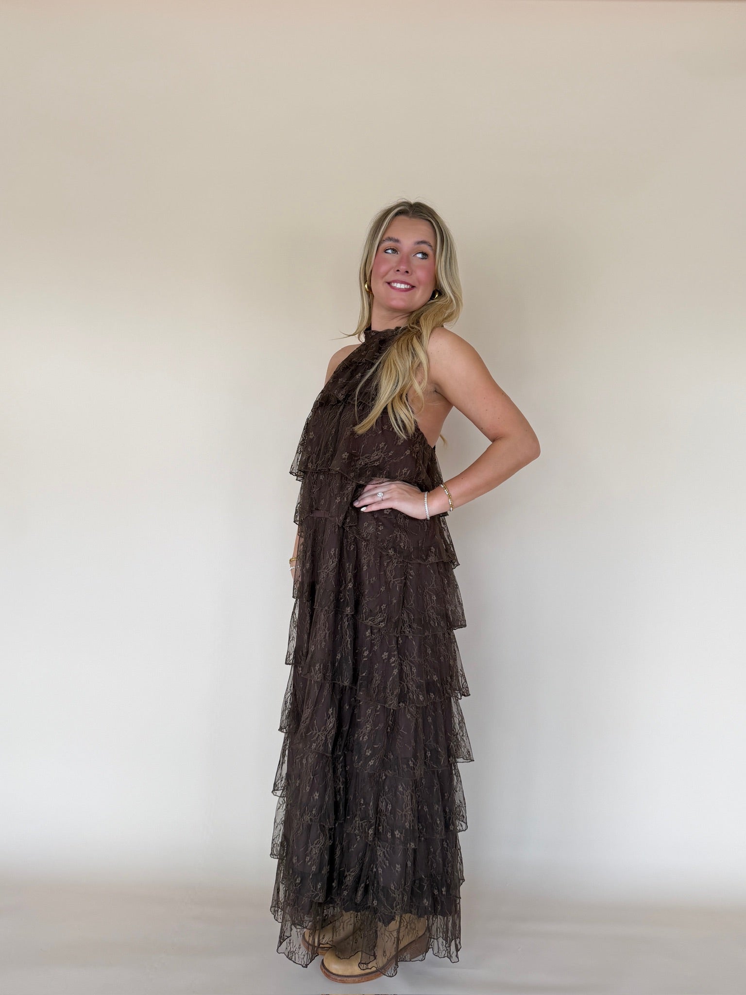 Lace Tiered Halter Maxi Dress