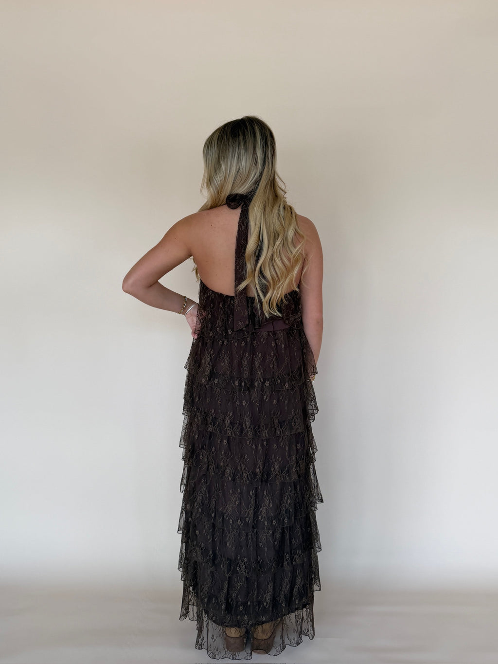 Lace Tiered Halter Maxi Dress
