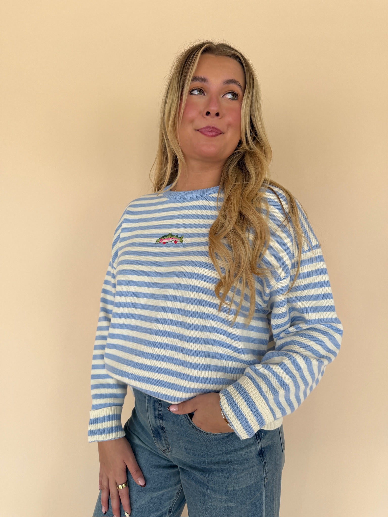 Striped Fish Coastal Graphic Sweater