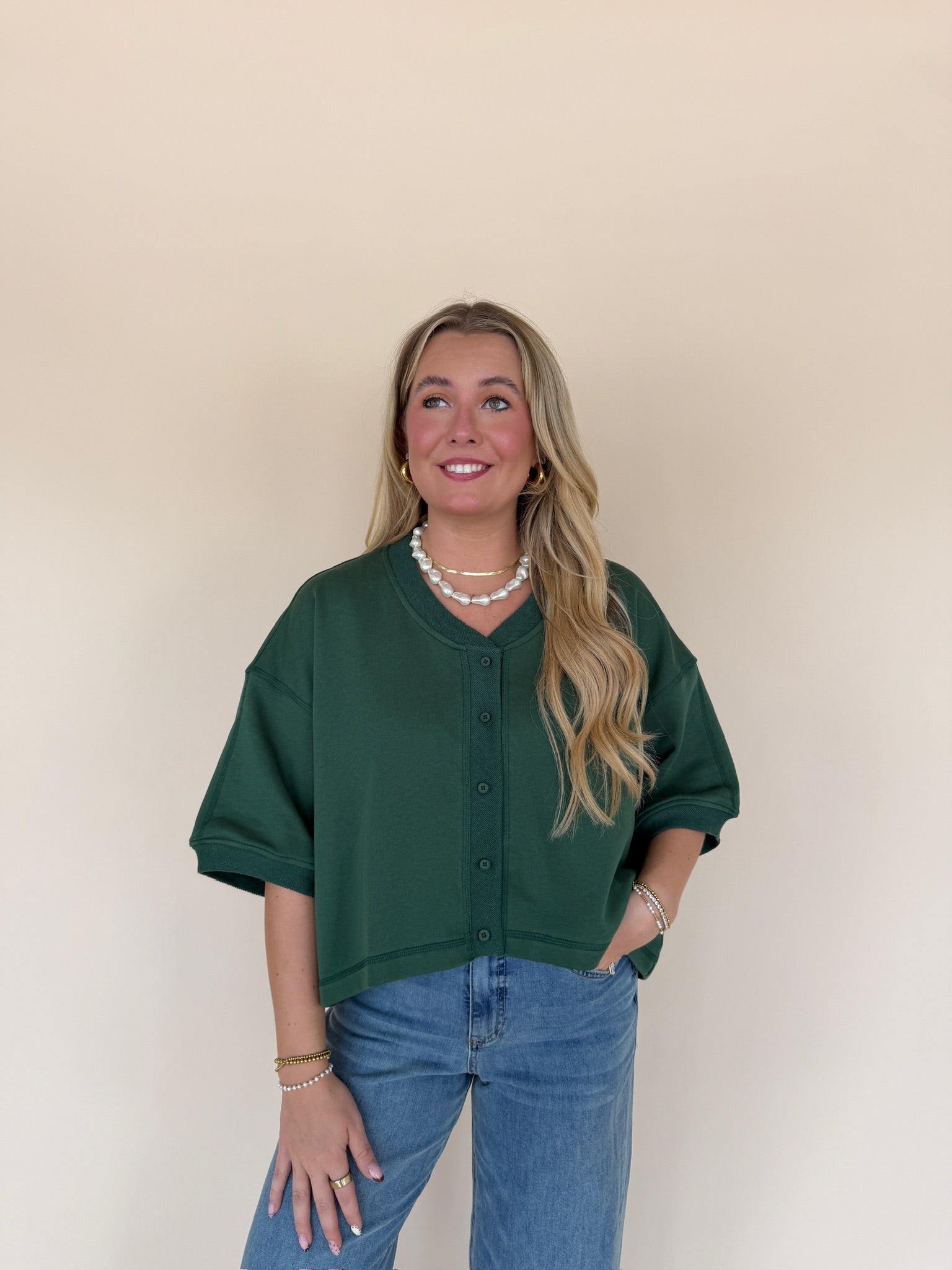 Forest Green Cropped Button Front Sweatshirt