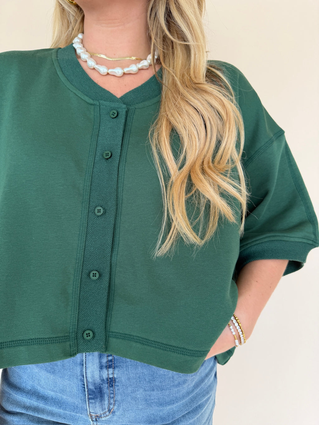 Forest Green Cropped Button Front Sweatshirt