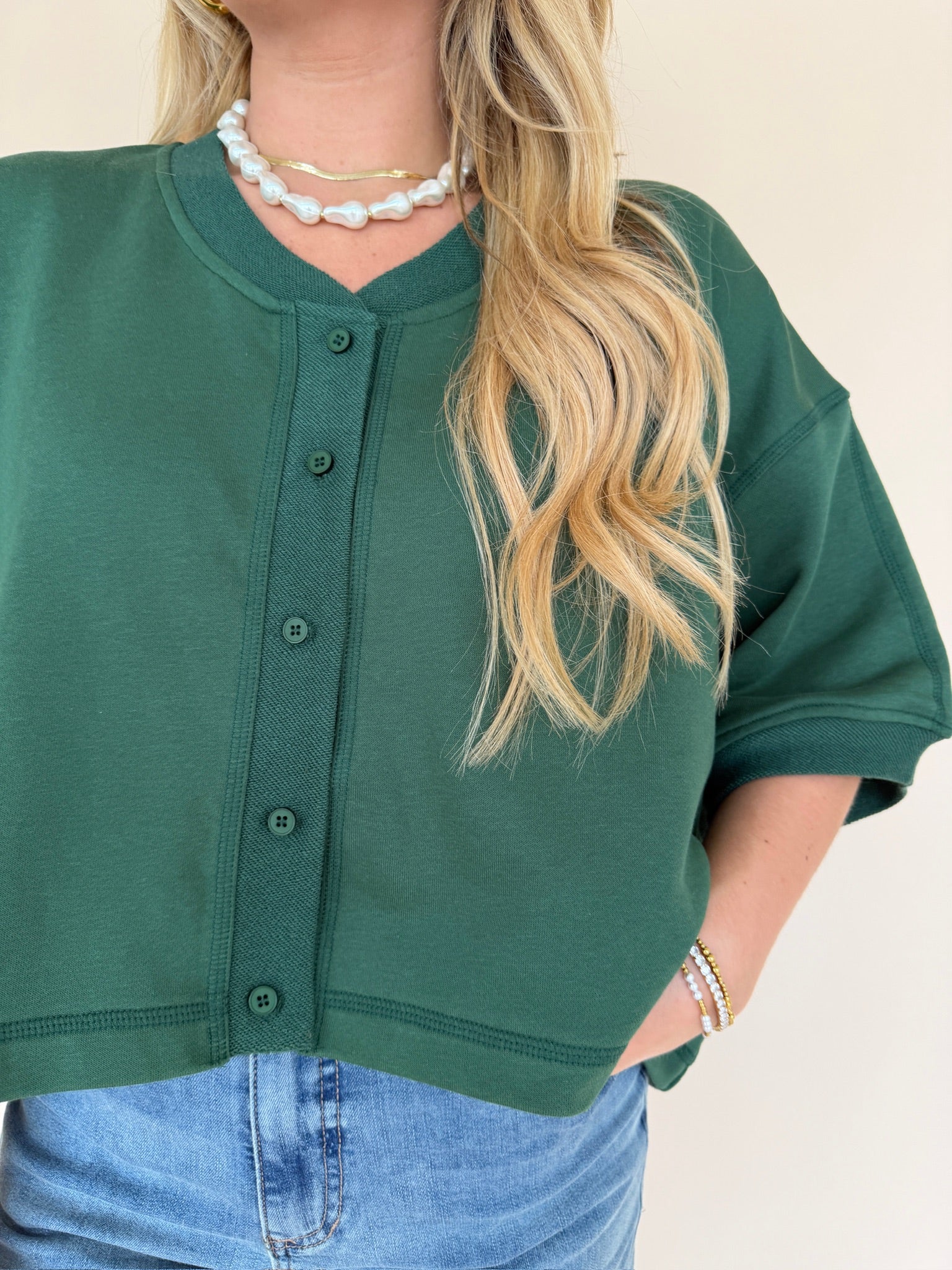 Forest Green Cropped Button Front Sweatshirt