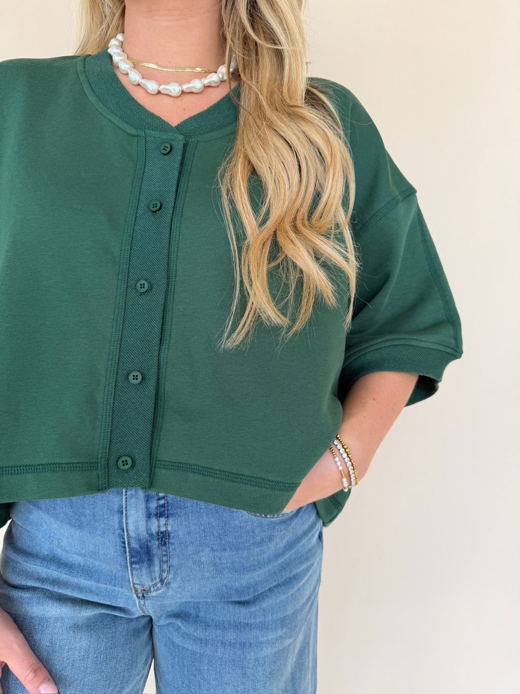 Forest Green Cropped Button Front Sweatshirt
