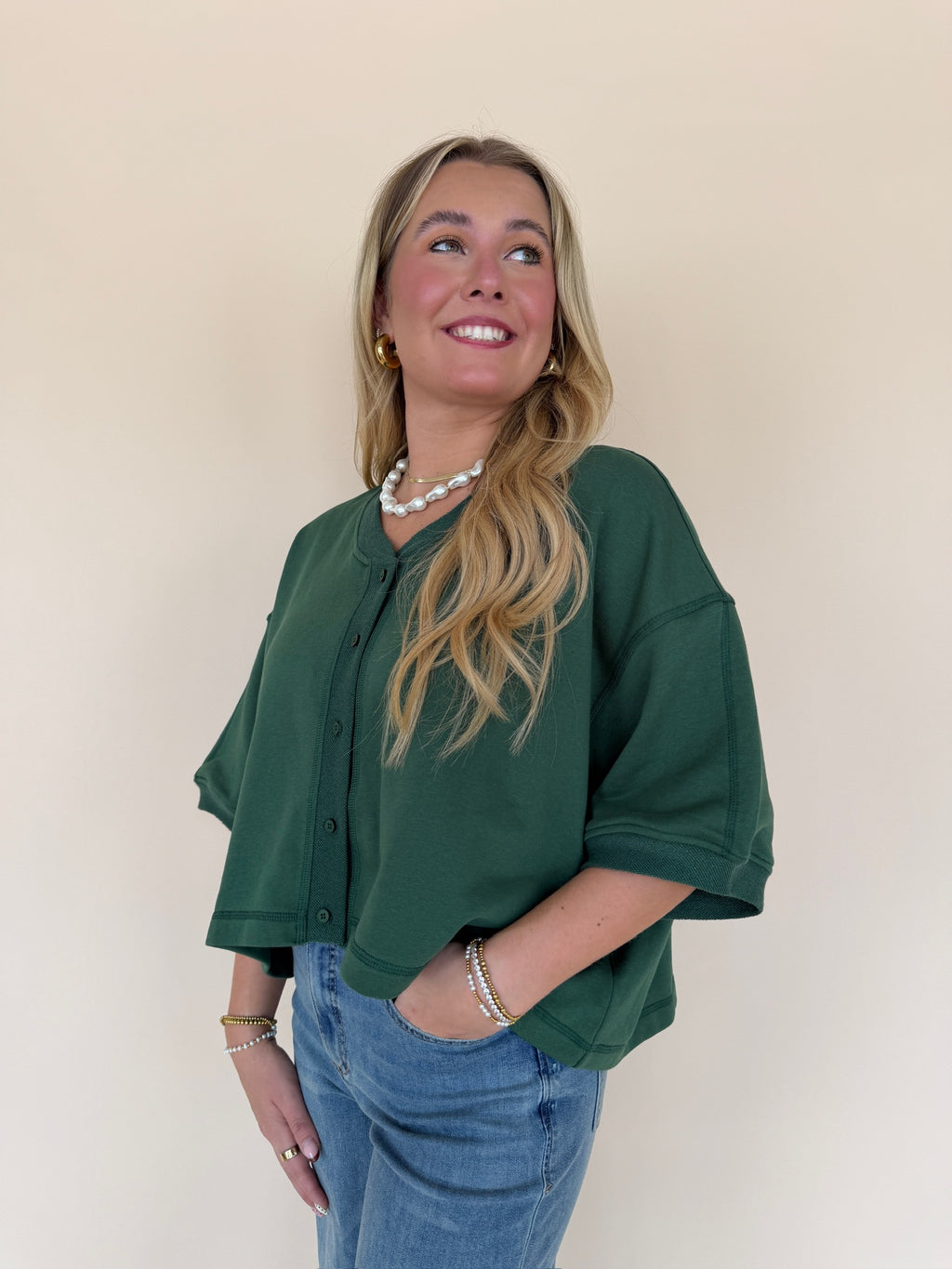 Forest Green Cropped Button Front Sweatshirt