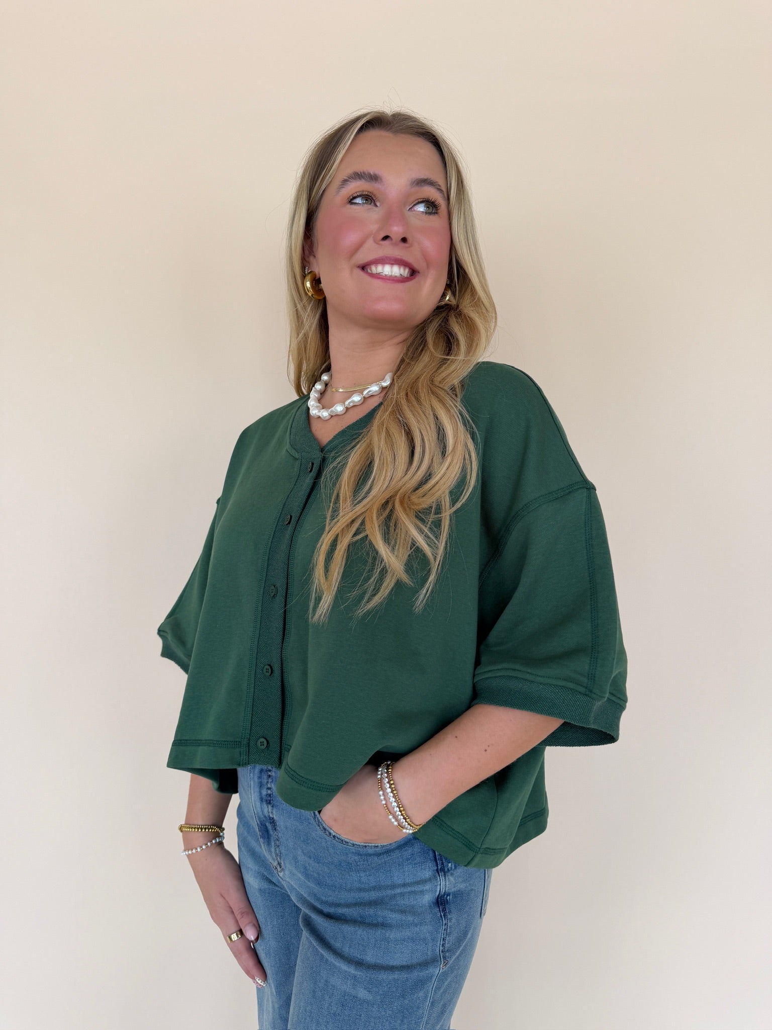 Forest Green Cropped Button Front Sweatshirt