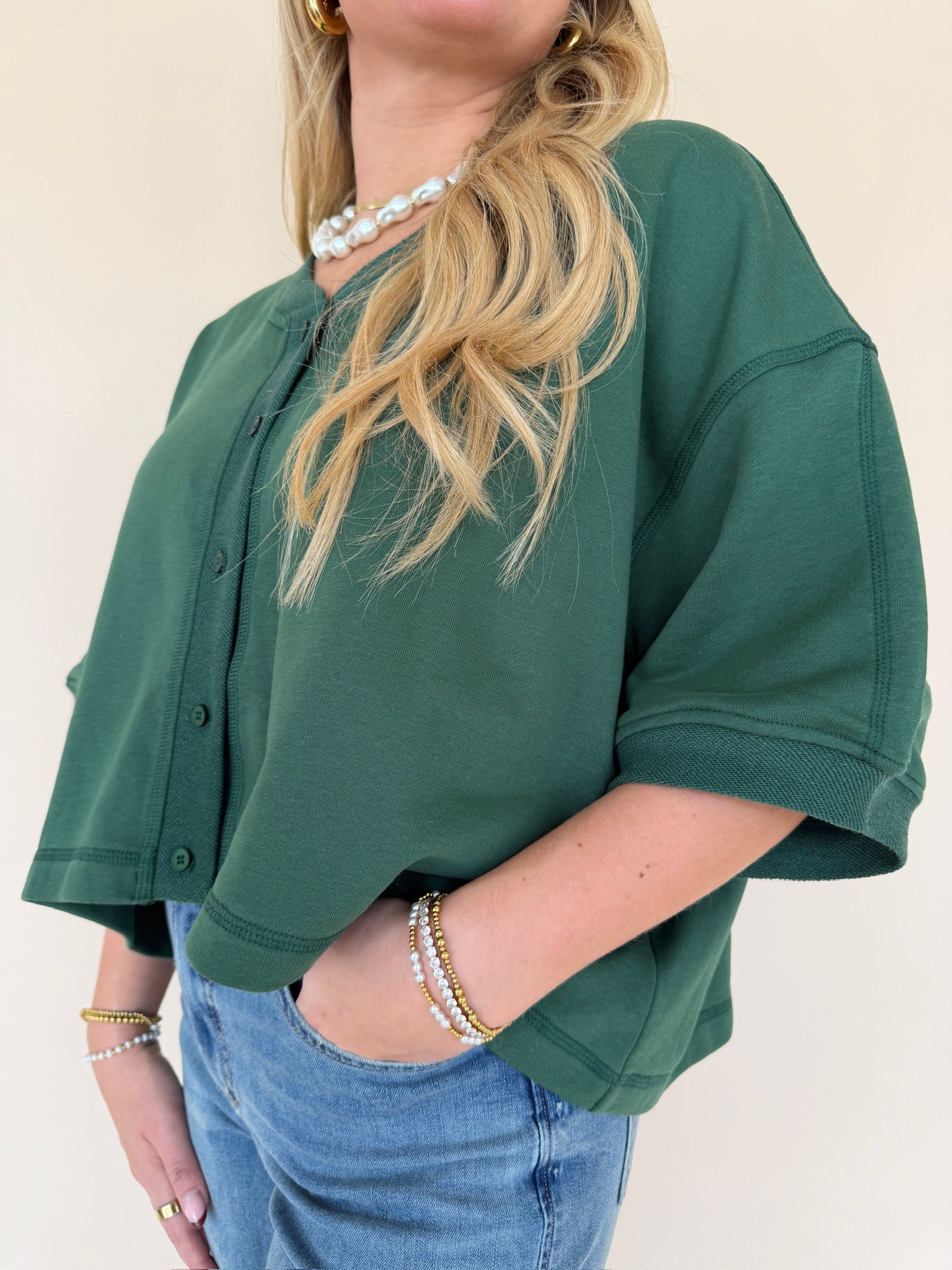 Forest Green Cropped Button Front Sweatshirt