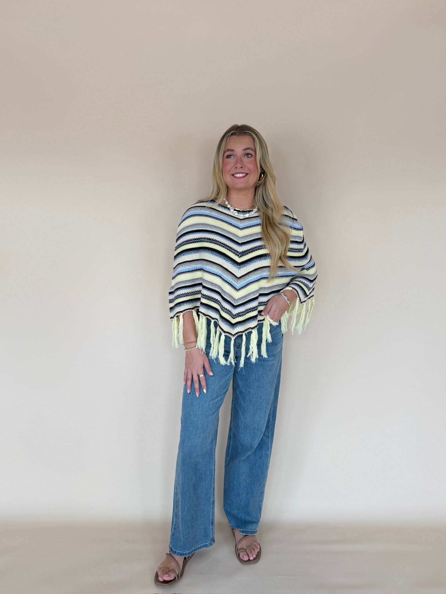 Chevron Striped Fringe Knit Poncho