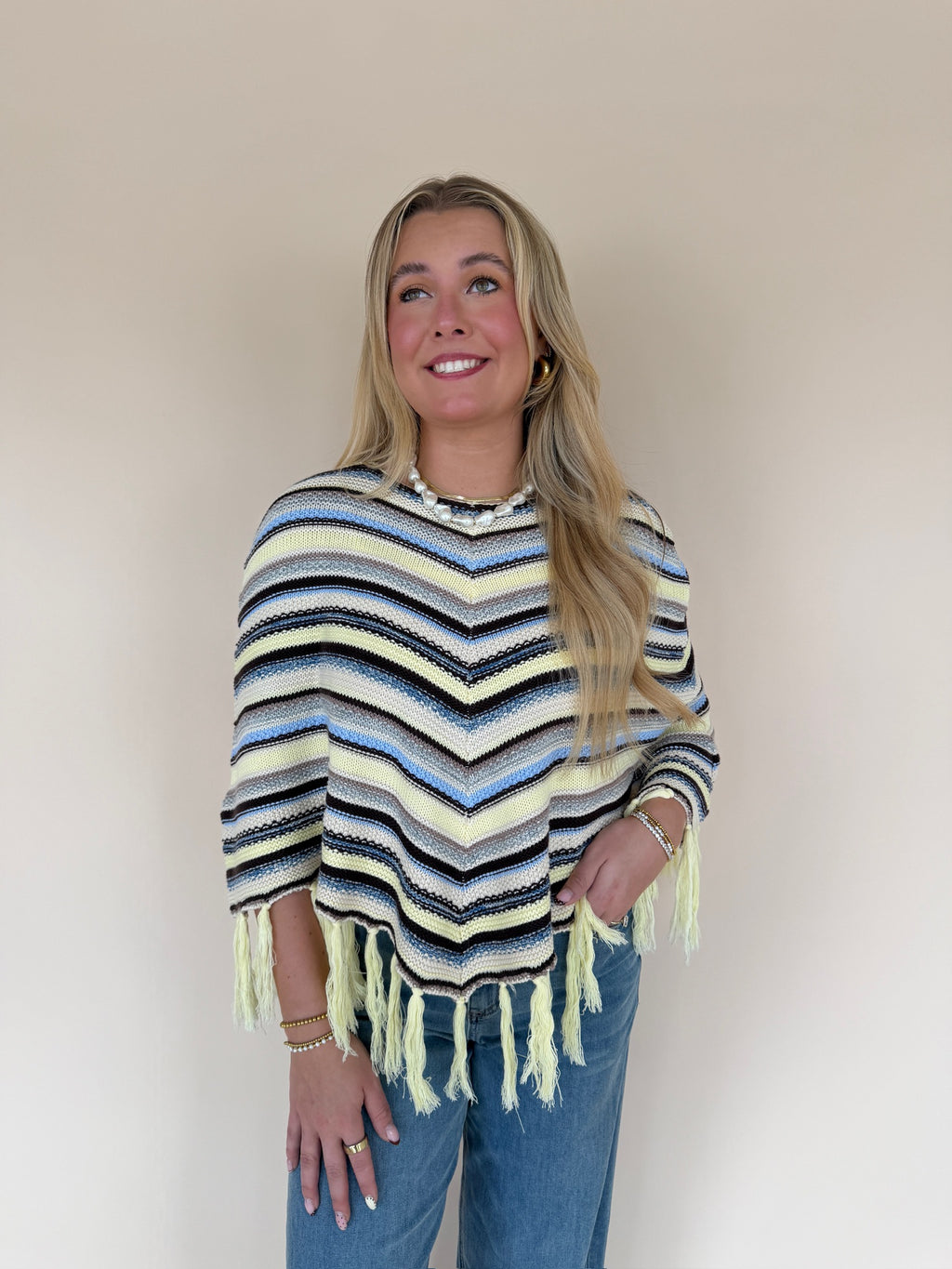 Chevron Striped Fringe Knit Poncho