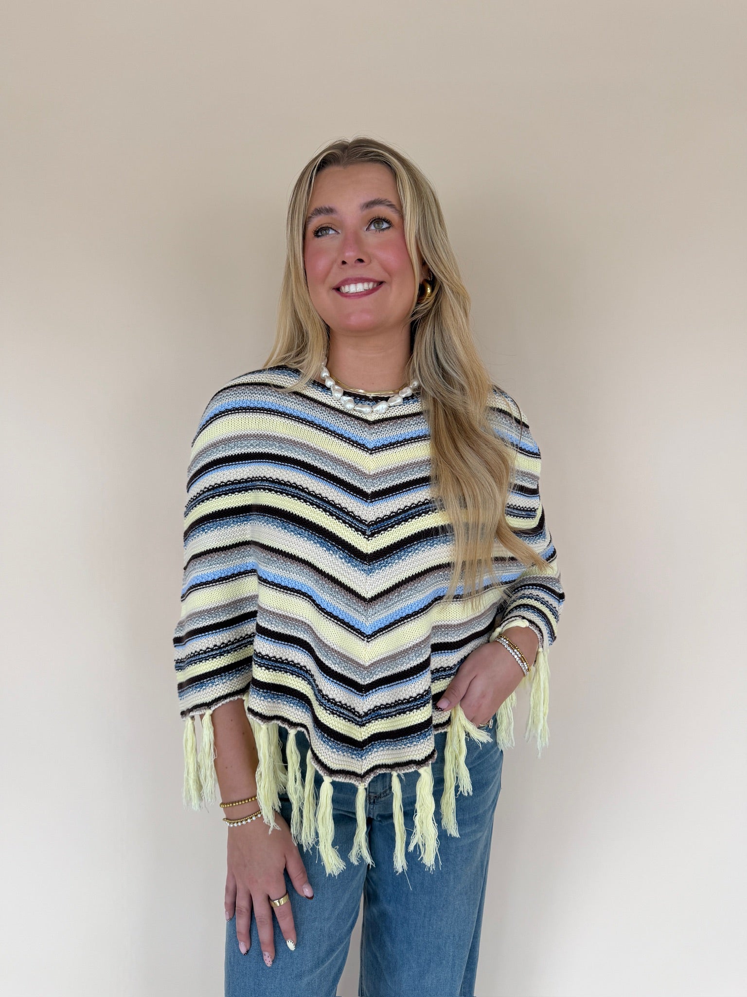 Chevron Striped Fringe Knit Poncho