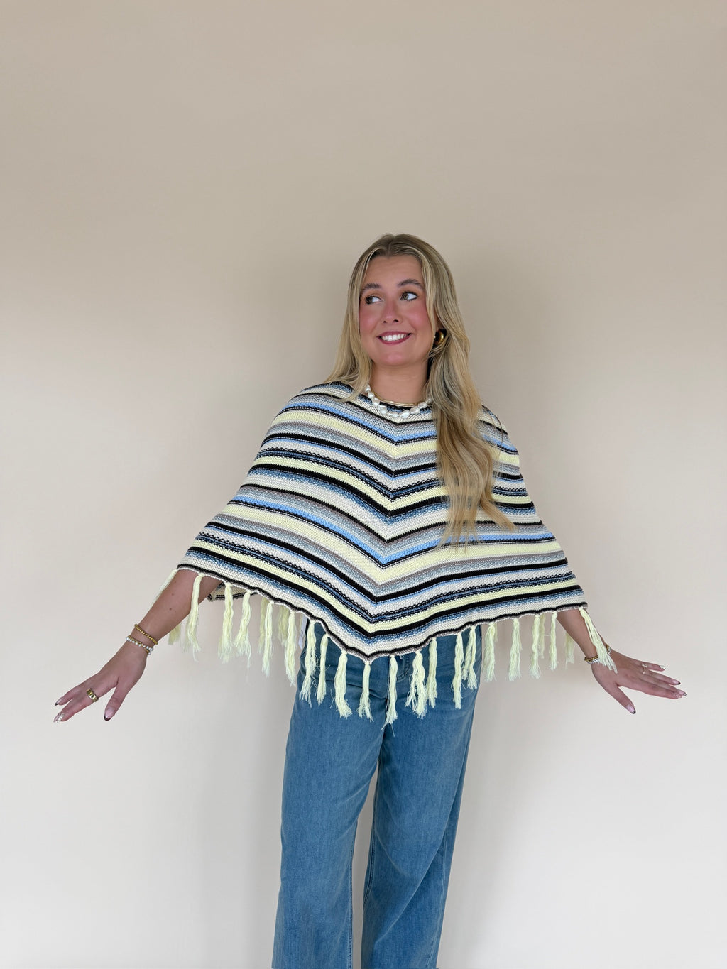 Chevron Striped Fringe Knit Poncho