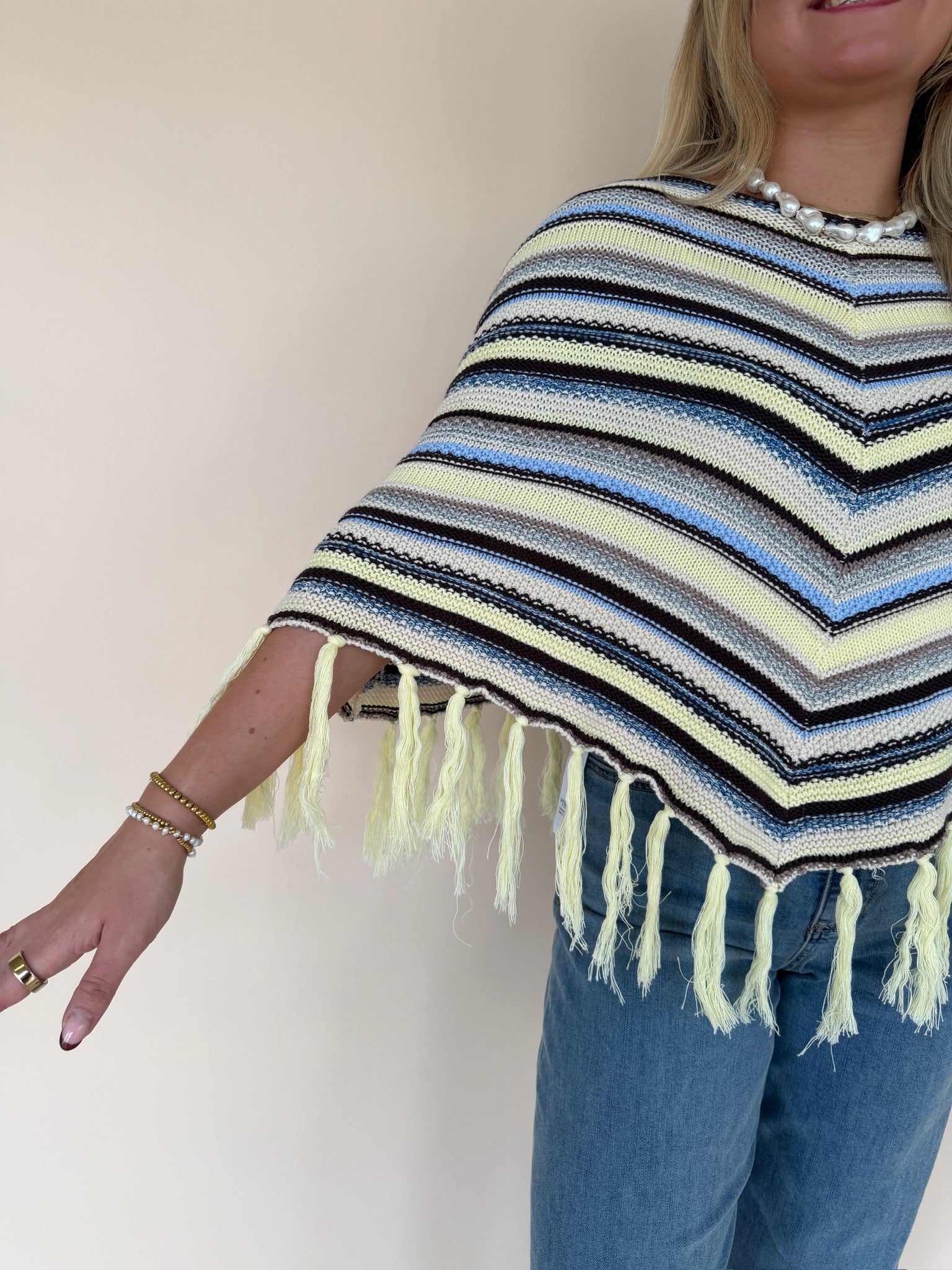 Chevron Striped Fringe Knit Poncho
