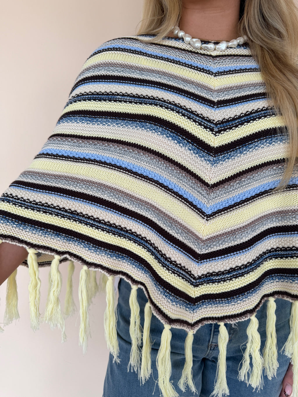 Chevron Striped Fringe Knit Poncho