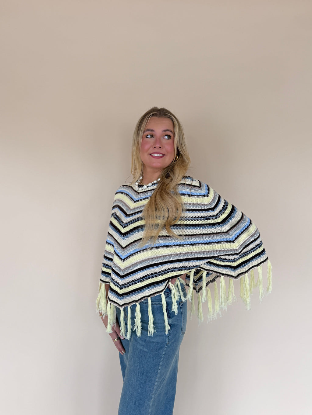 Chevron Striped Fringe Knit Poncho