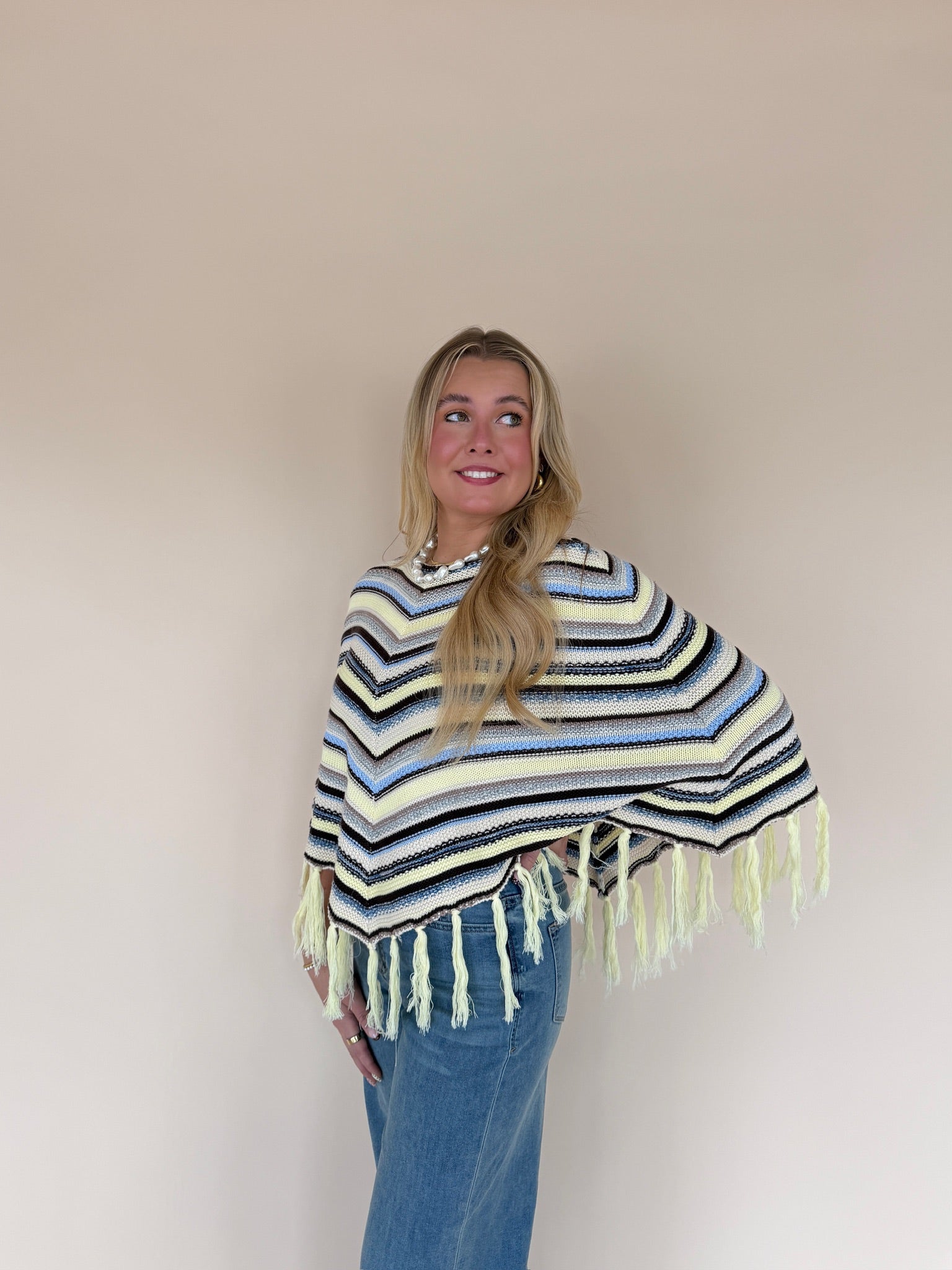 Chevron Striped Fringe Knit Poncho