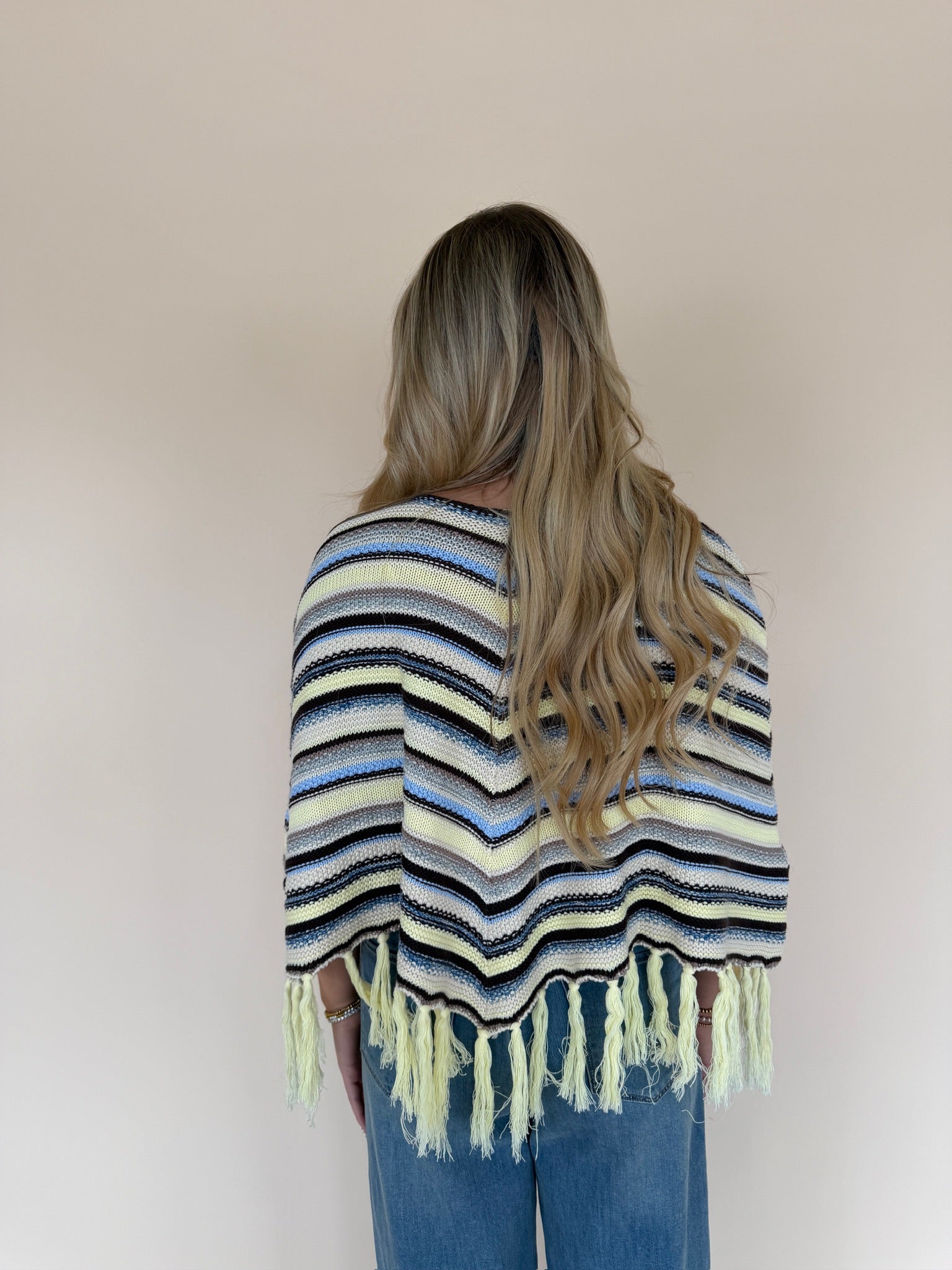 Chevron Striped Fringe Knit Poncho