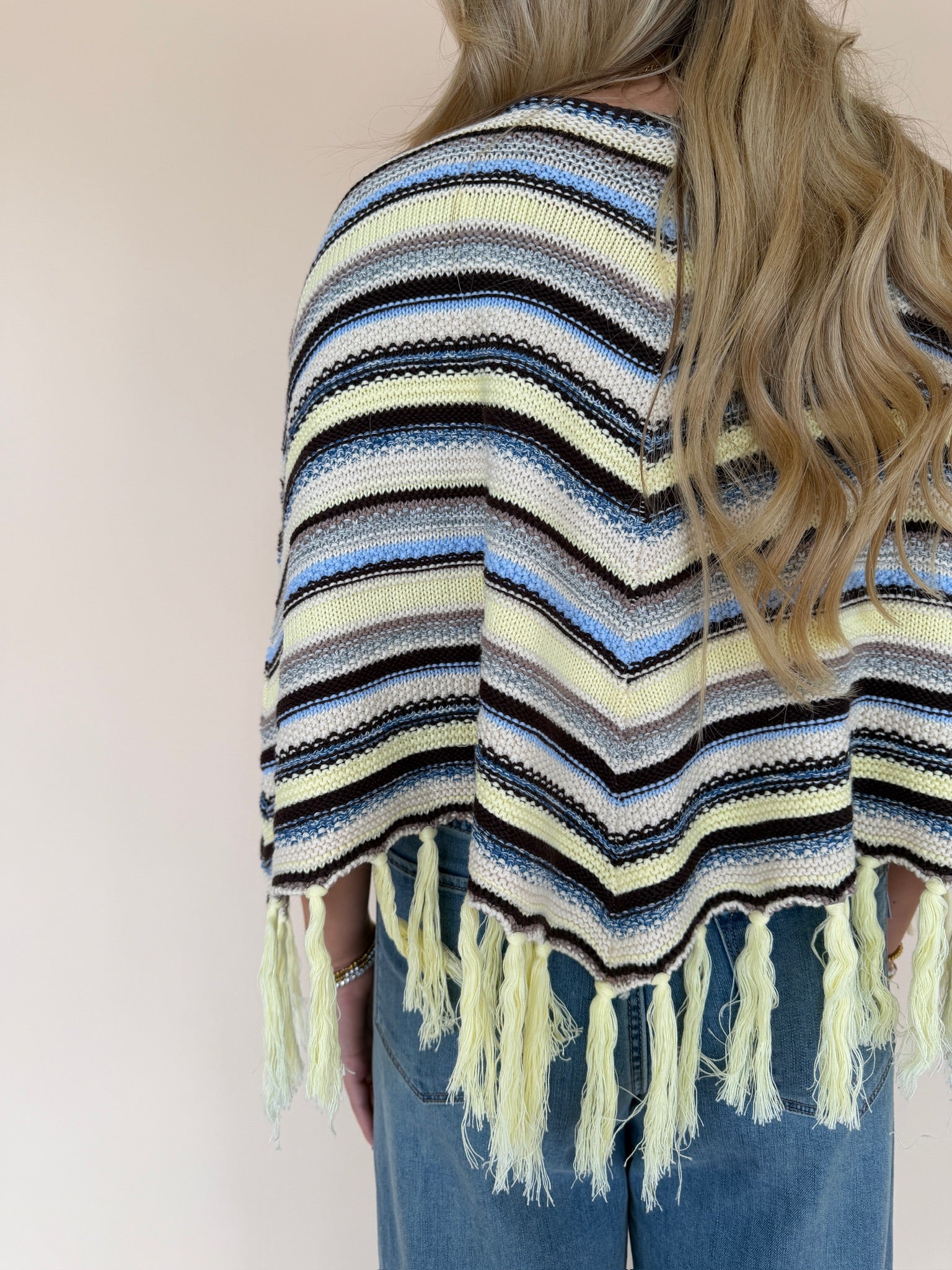 Chevron Striped Fringe Knit Poncho