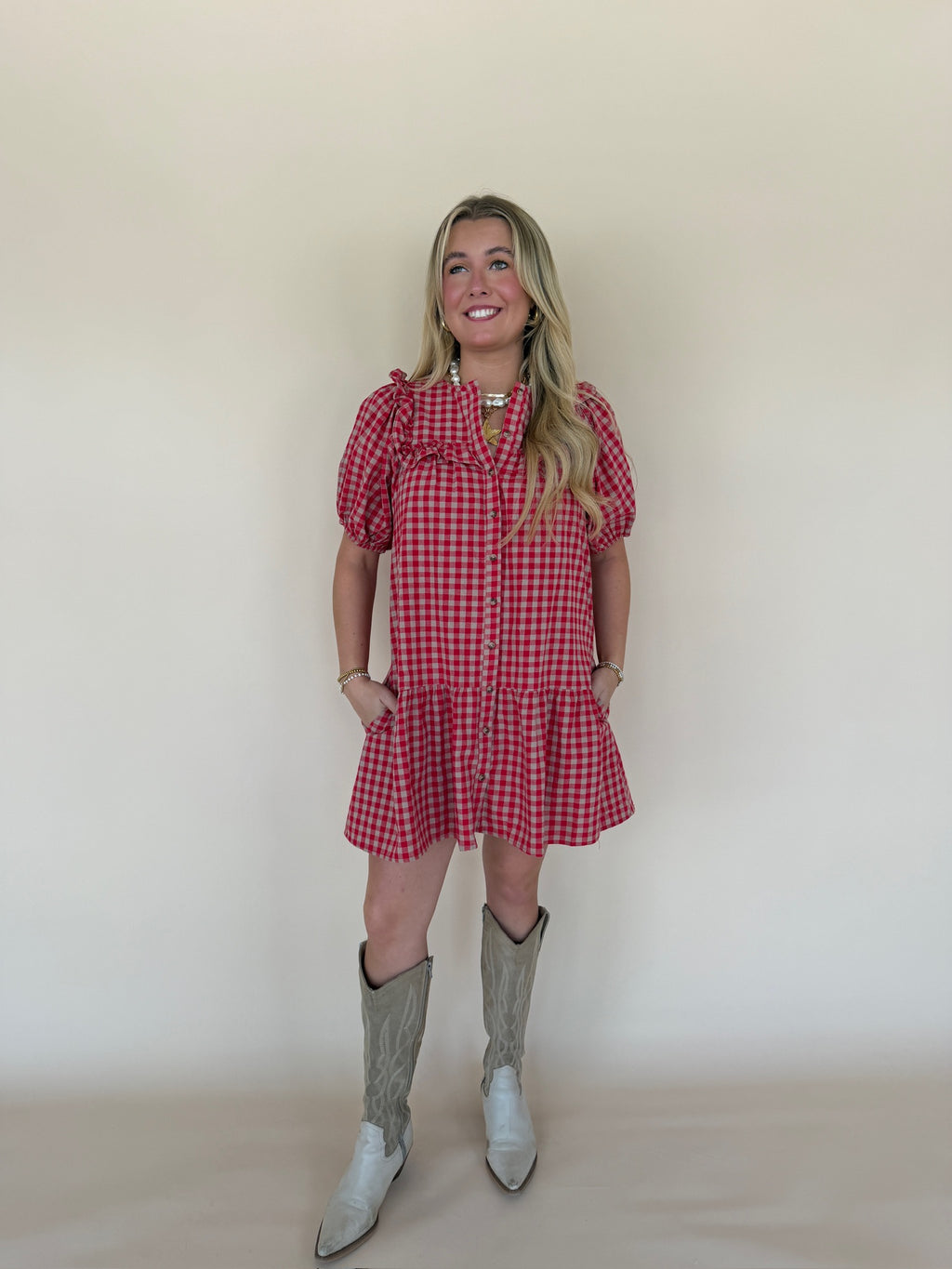 Ruffle Detail Gingham Mini Dress