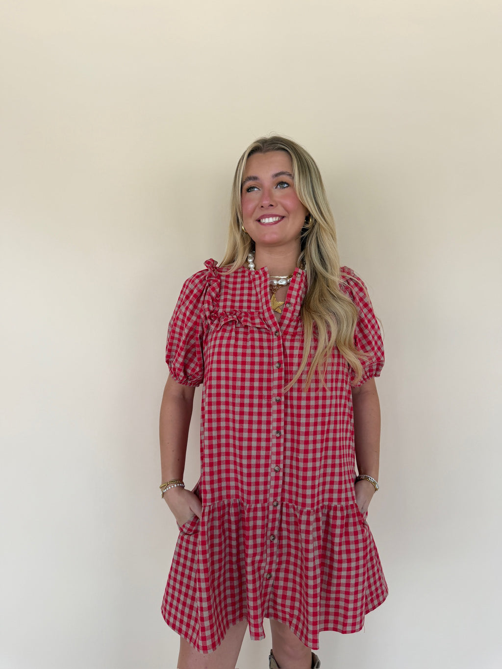 Ruffle Detail Gingham Mini Dress