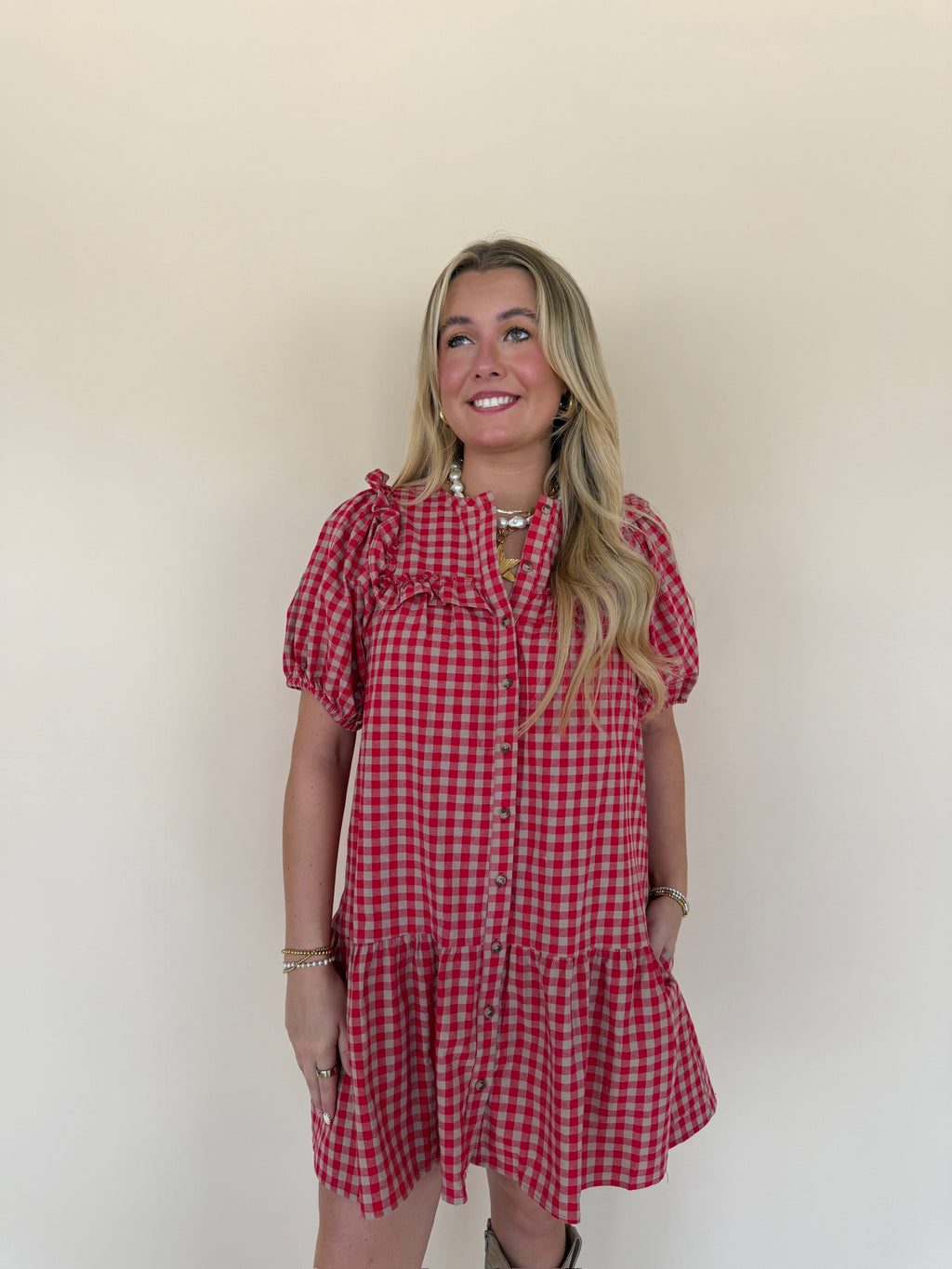 Ruffle Detail Gingham Mini Dress