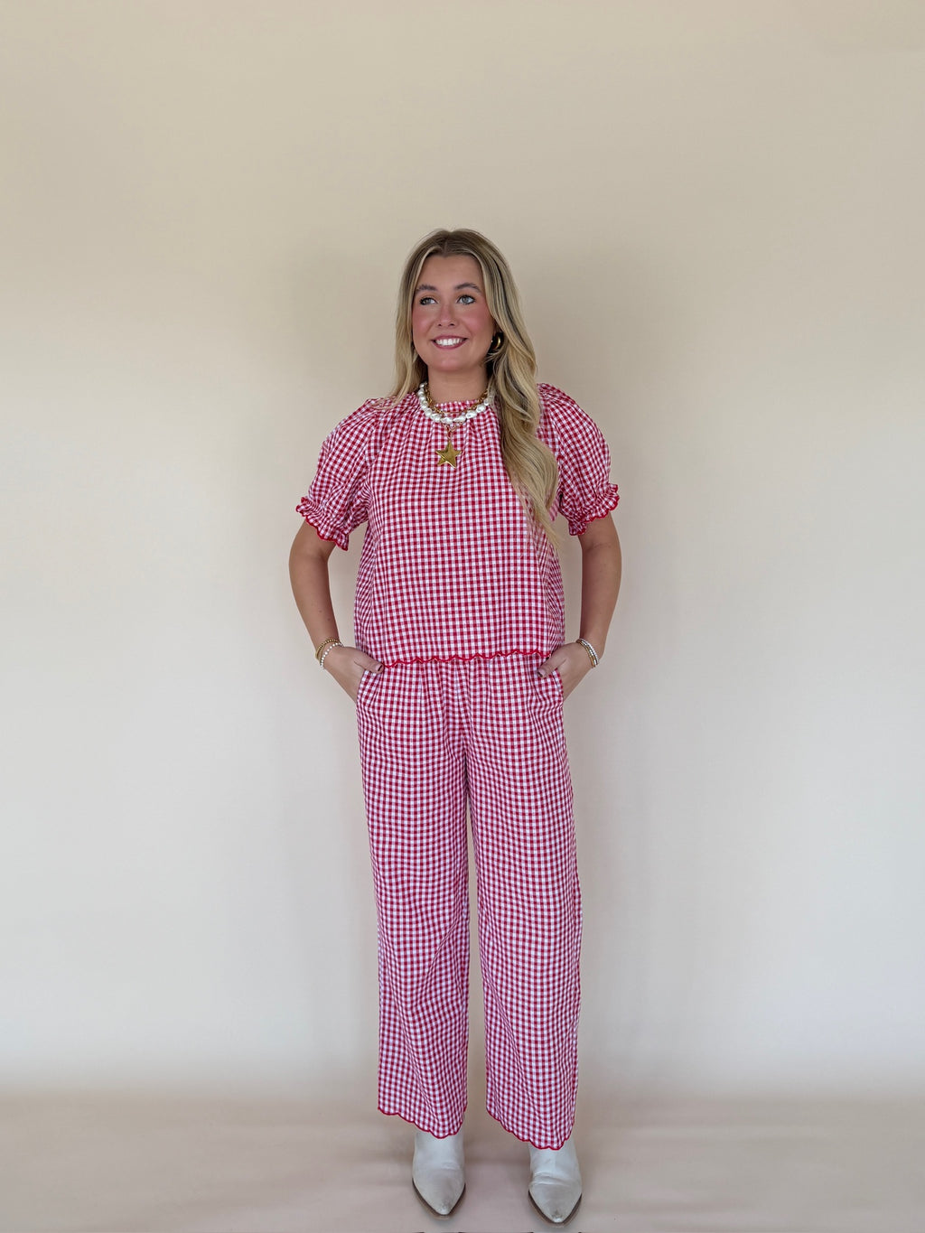 Gingham Scallop Hem Top