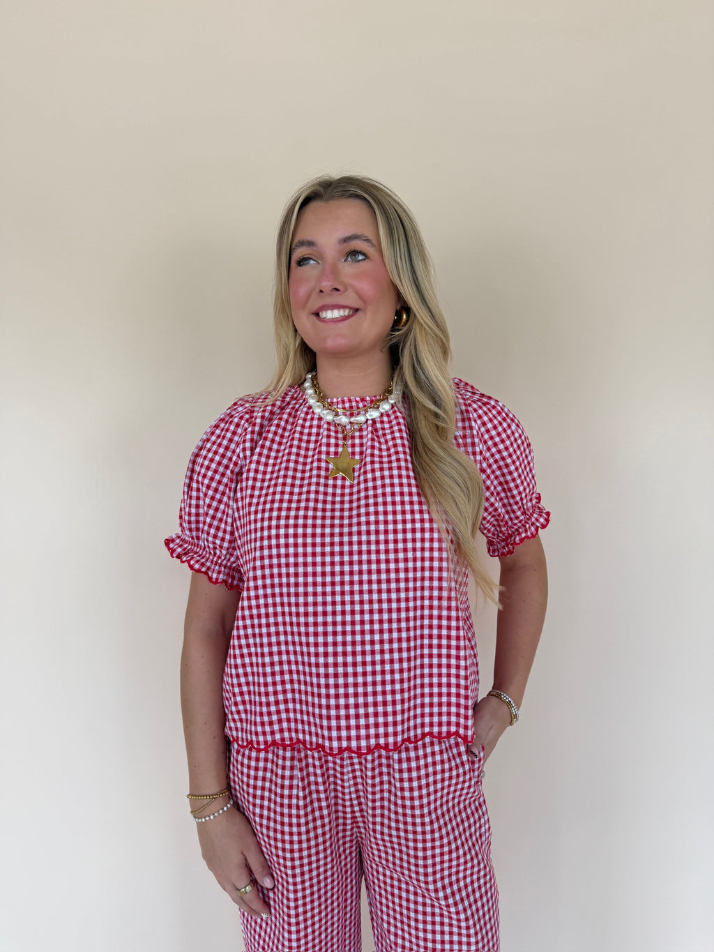 Gingham Scallop Hem Top