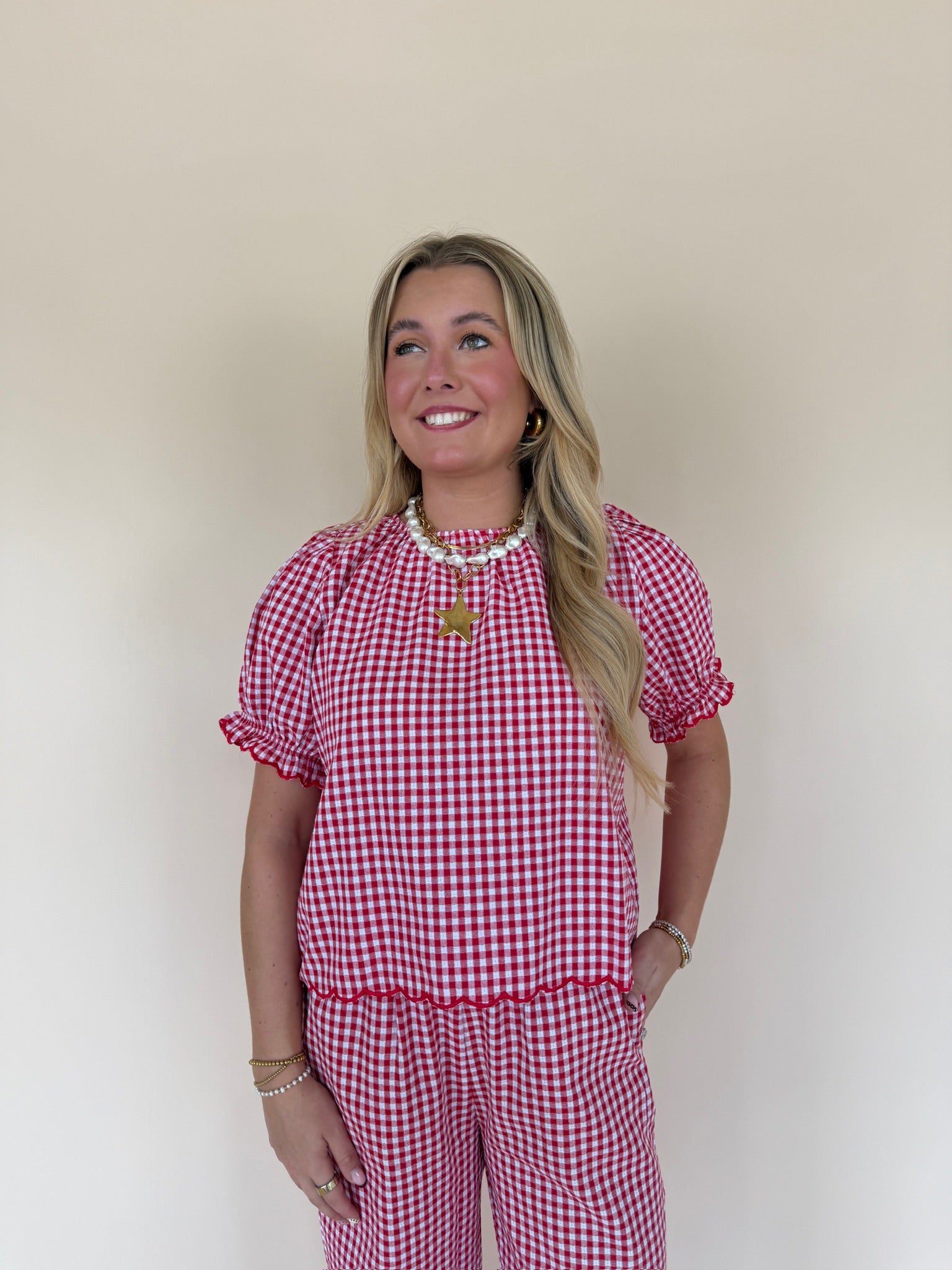 Gingham Scallop Hem Top