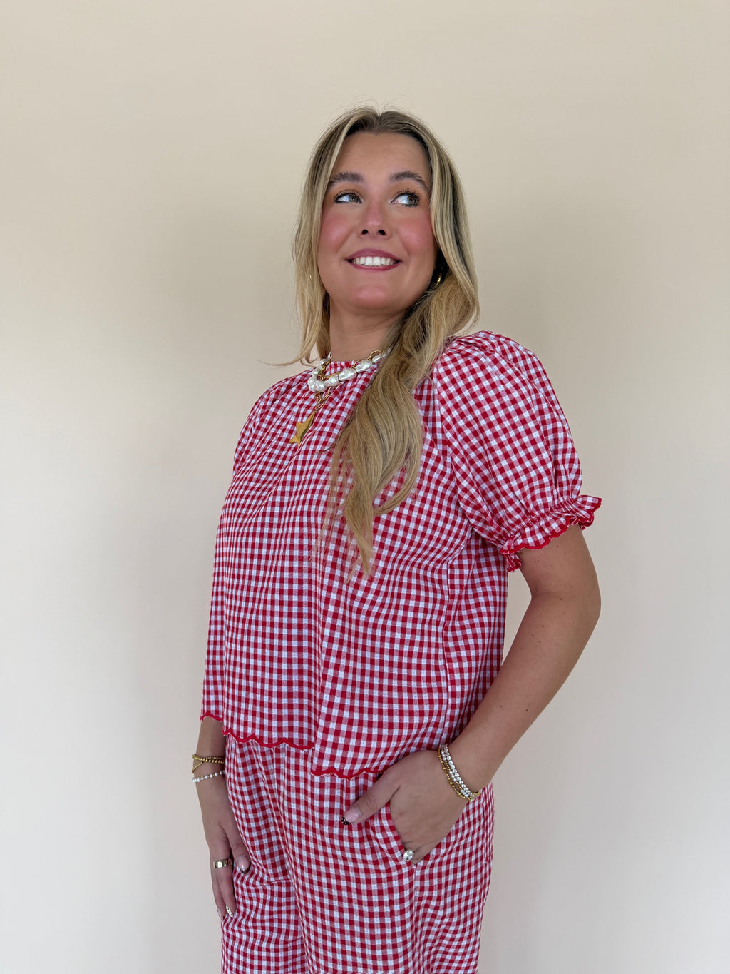 Gingham Scallop Hem Top