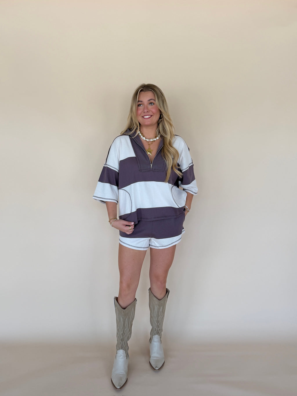 Zip-up Half Sleeve Stripe Top