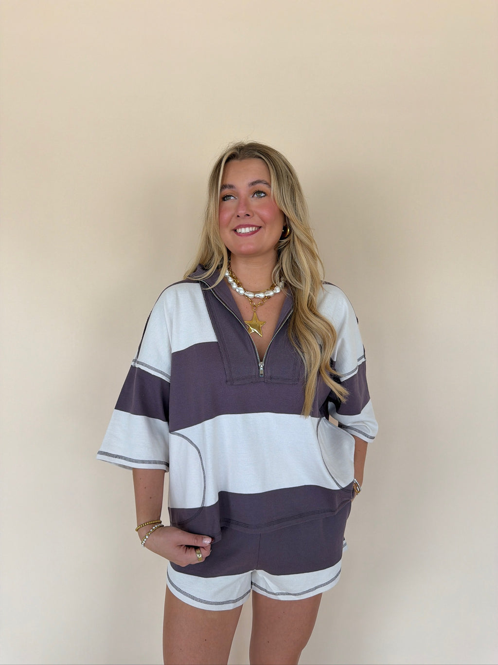 Zip-up Half Sleeve Stripe Top