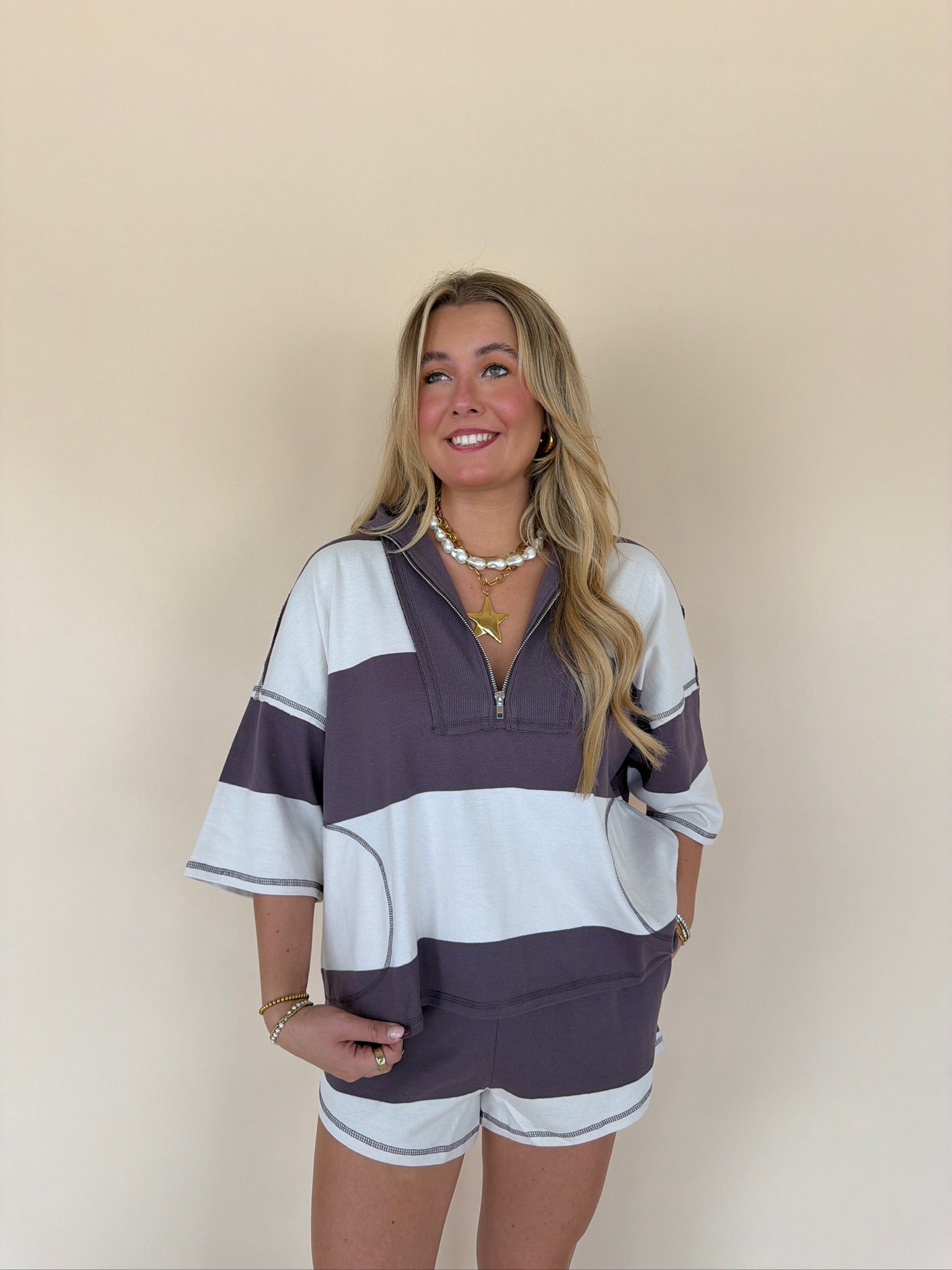 Zip-up Half Sleeve Stripe Top