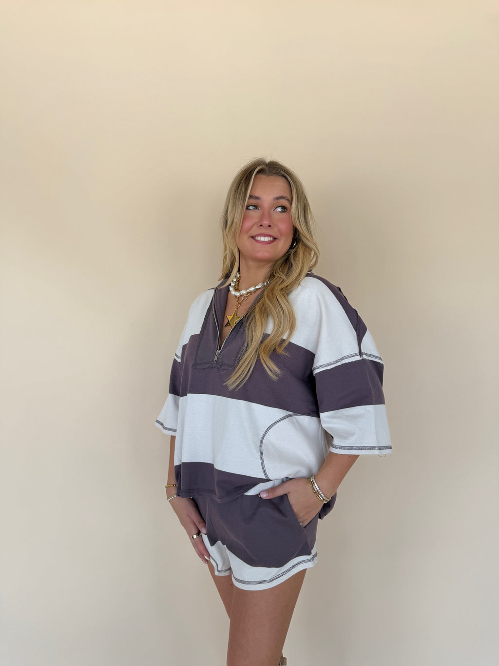 Zip-up Half Sleeve Stripe Top
